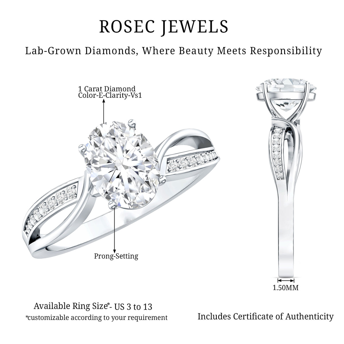 Rosec Jewels-IGI Verified 1 Carat Oval Lab Grown Diamond Infinity Engagement Ring for Women