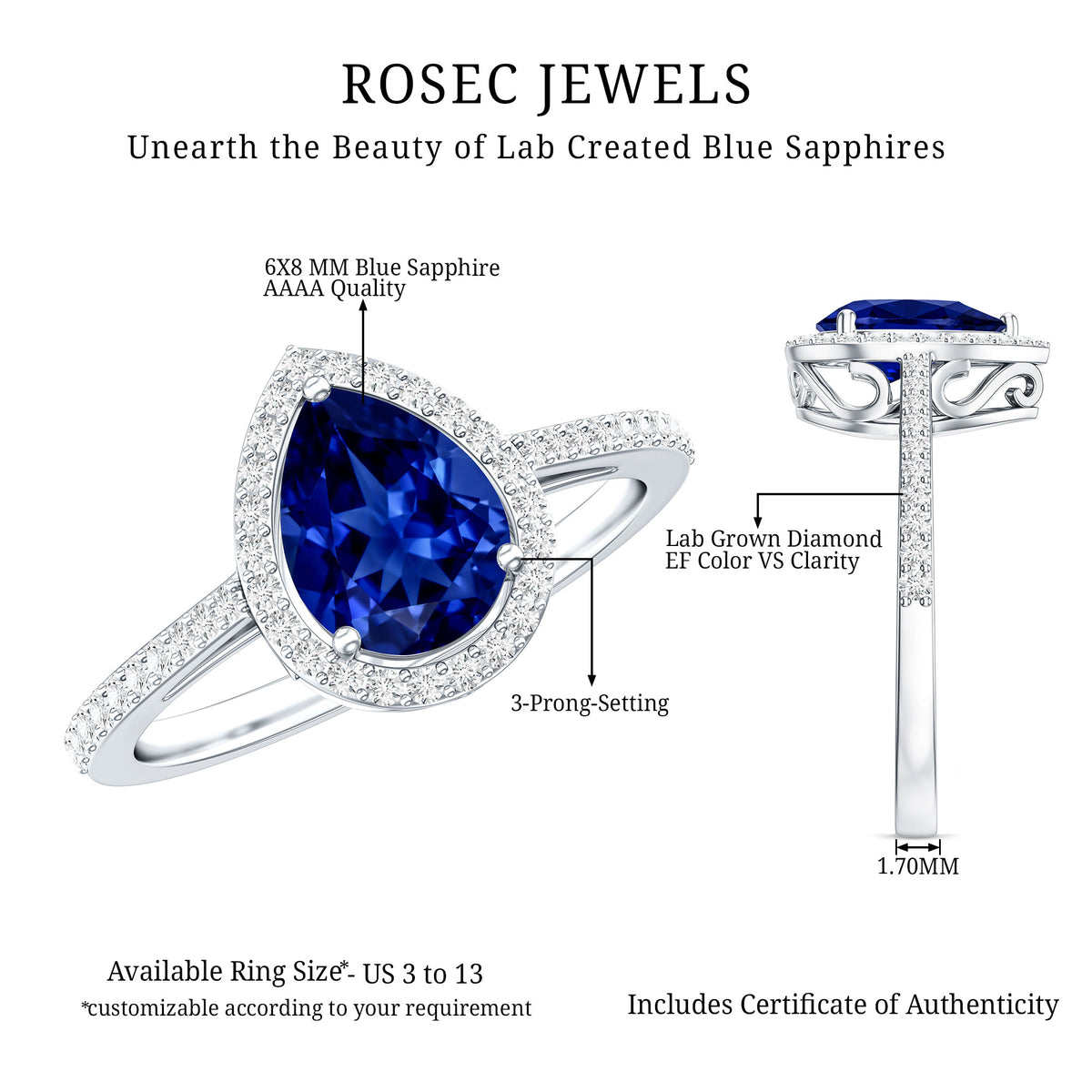 1.6 Carat Pear Shaped Lab Grown Blue Sapphire and Diamond Halo Engagement Ring AAAA - Rosec Jewels