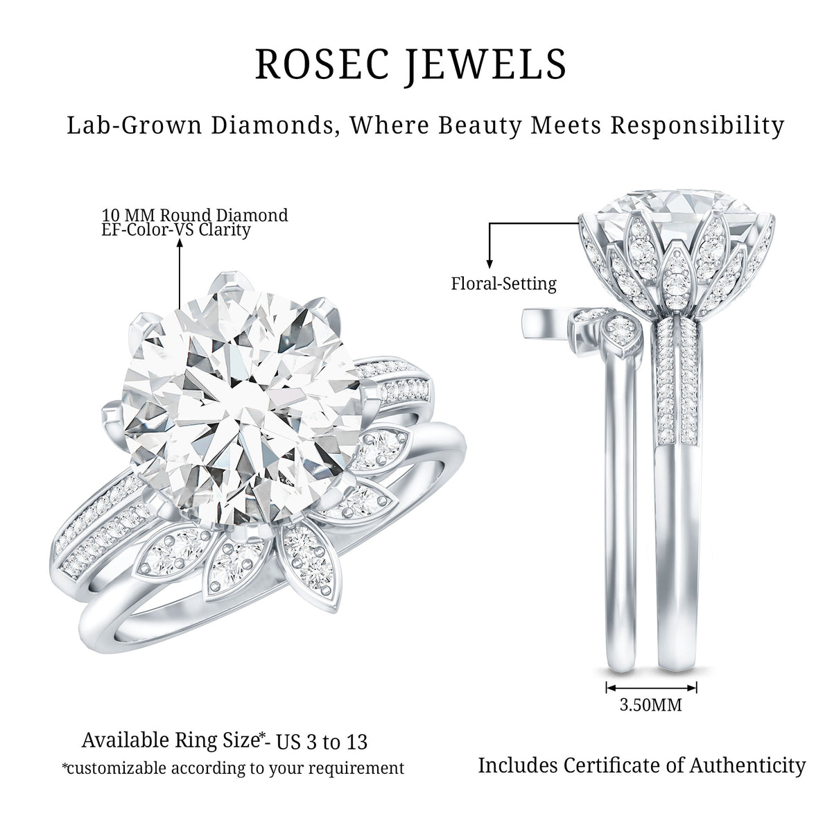 4 Carat Lab Grown Diamond Flower Engagement Ring with Wedding Band Lab - ( EF-VS ) - Rosec Jewels