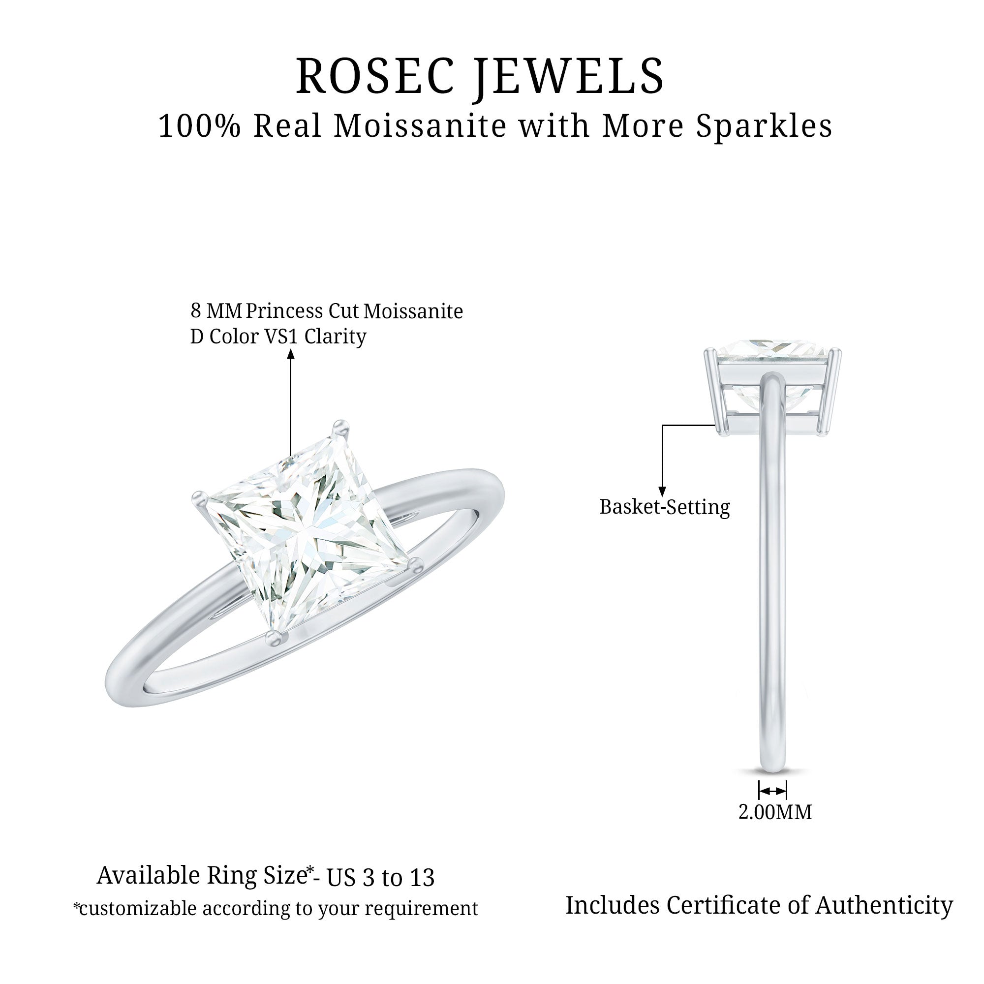 3 Carat Princess Cut Moissanite Solitaire Engagement Ring D-VS1 - Rosec Jewels