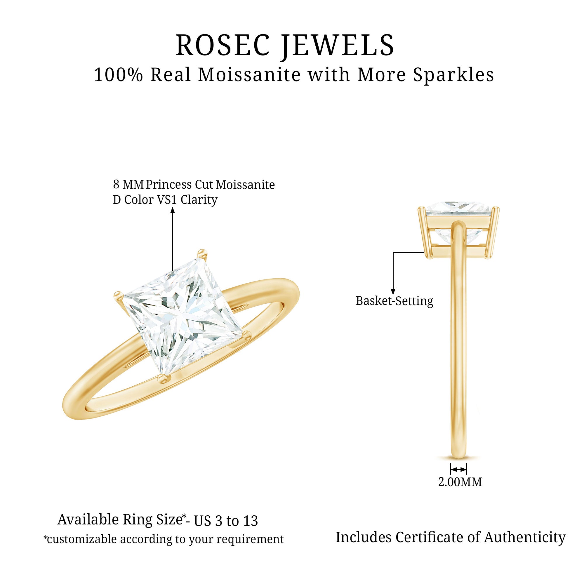 3 Carat Princess Cut Moissanite Solitaire Engagement Ring D-VS1 - Rosec Jewels