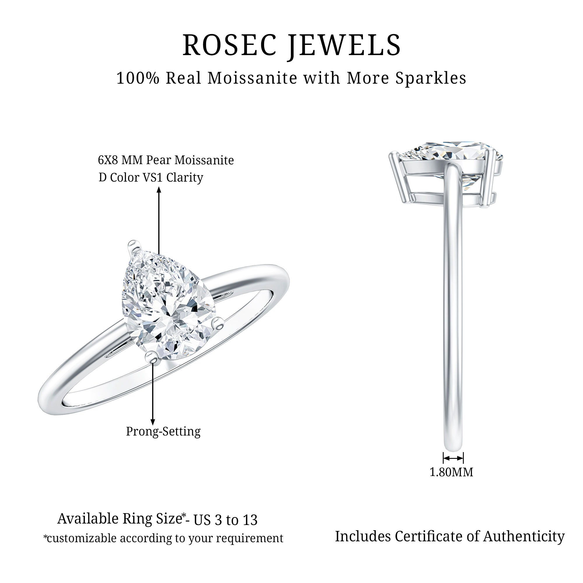 Solitaire Moissanite Teardrop Engagement Ring for Women D-VS1 - Rosec Jewels