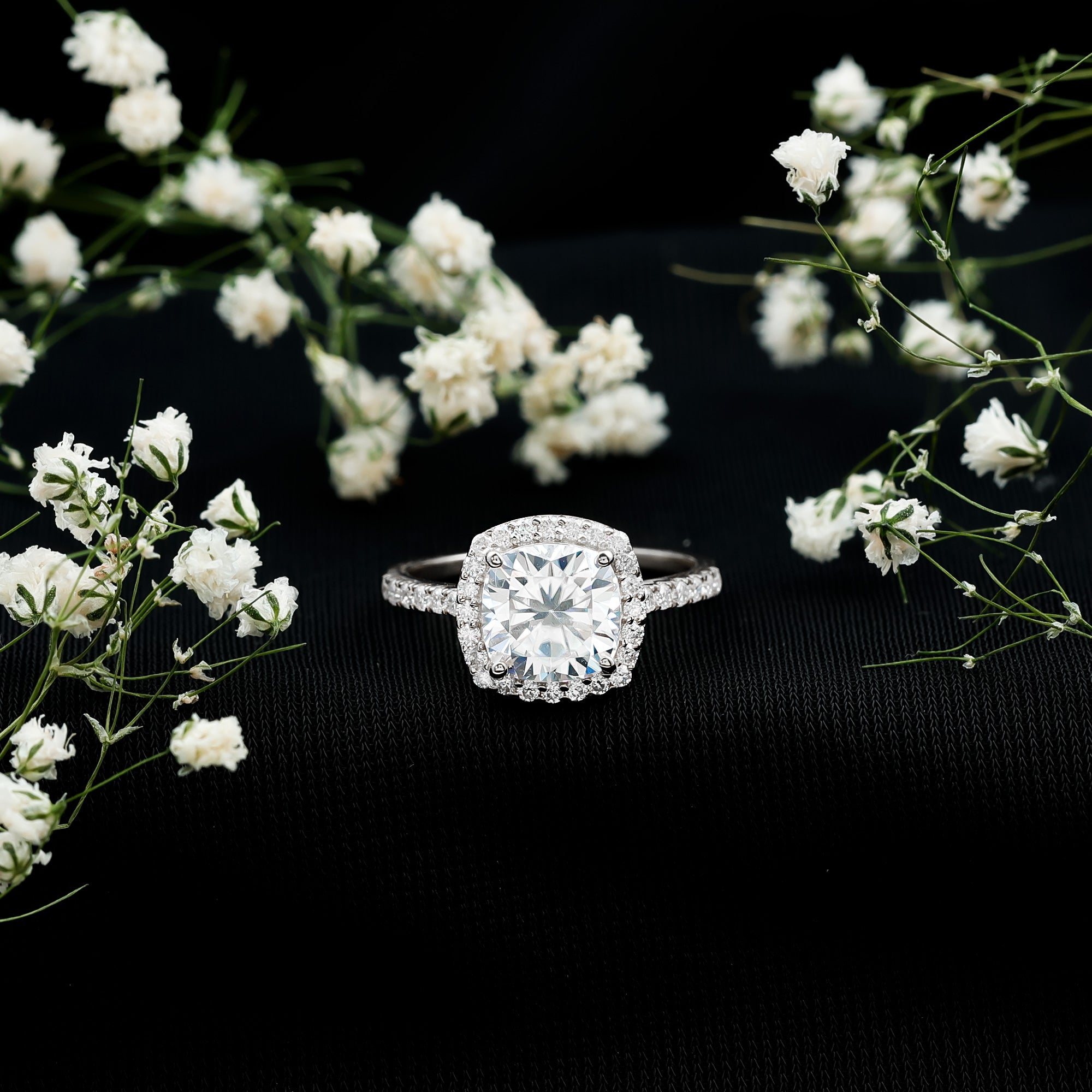 Rosec Jewels-Victorian Style 3 Carat Cushion Moissanite Halo Engagement Ring