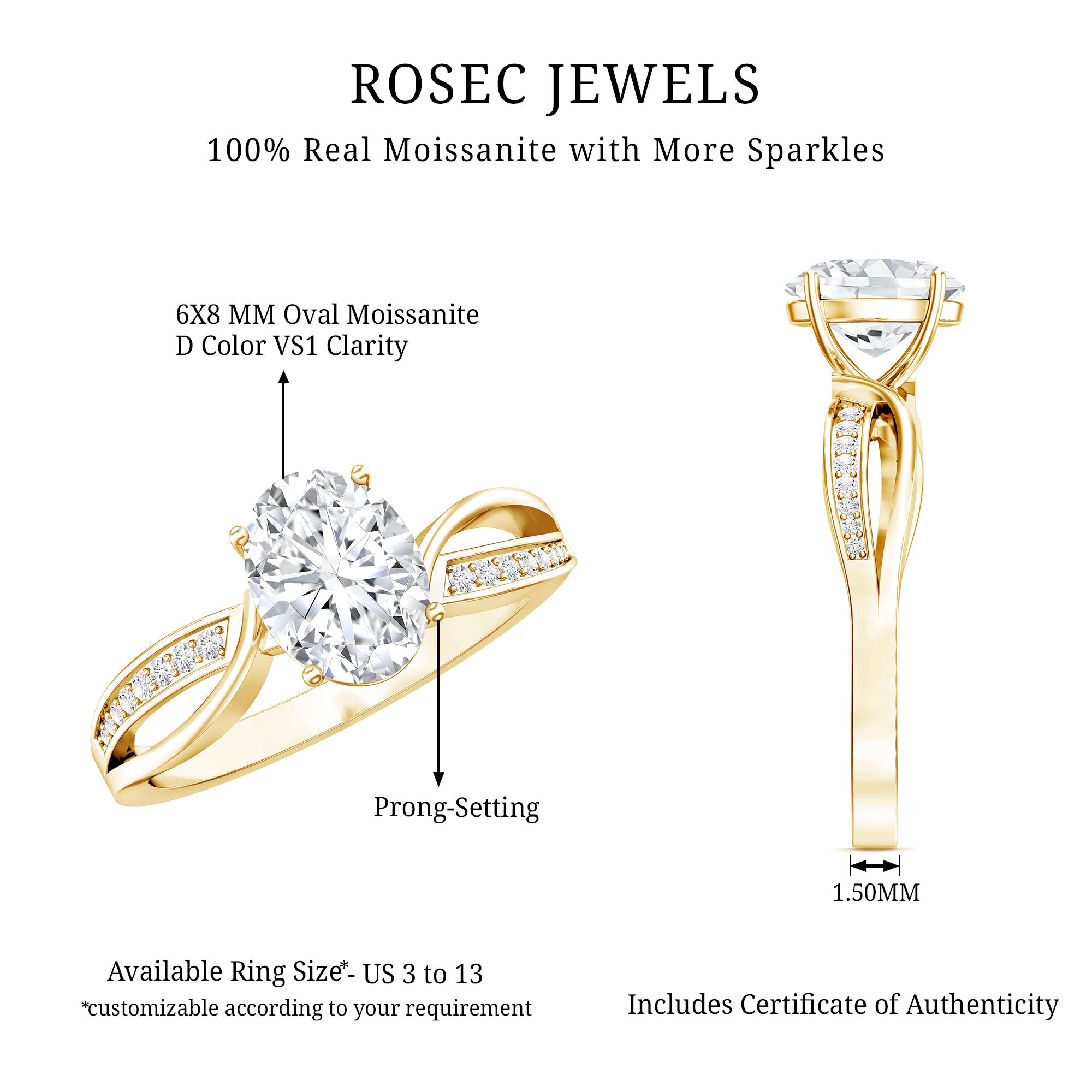 1 Carat Certified Moissanite Oval Engagement Ring with Infinity Band D-VS1 - Rosec Jewels
