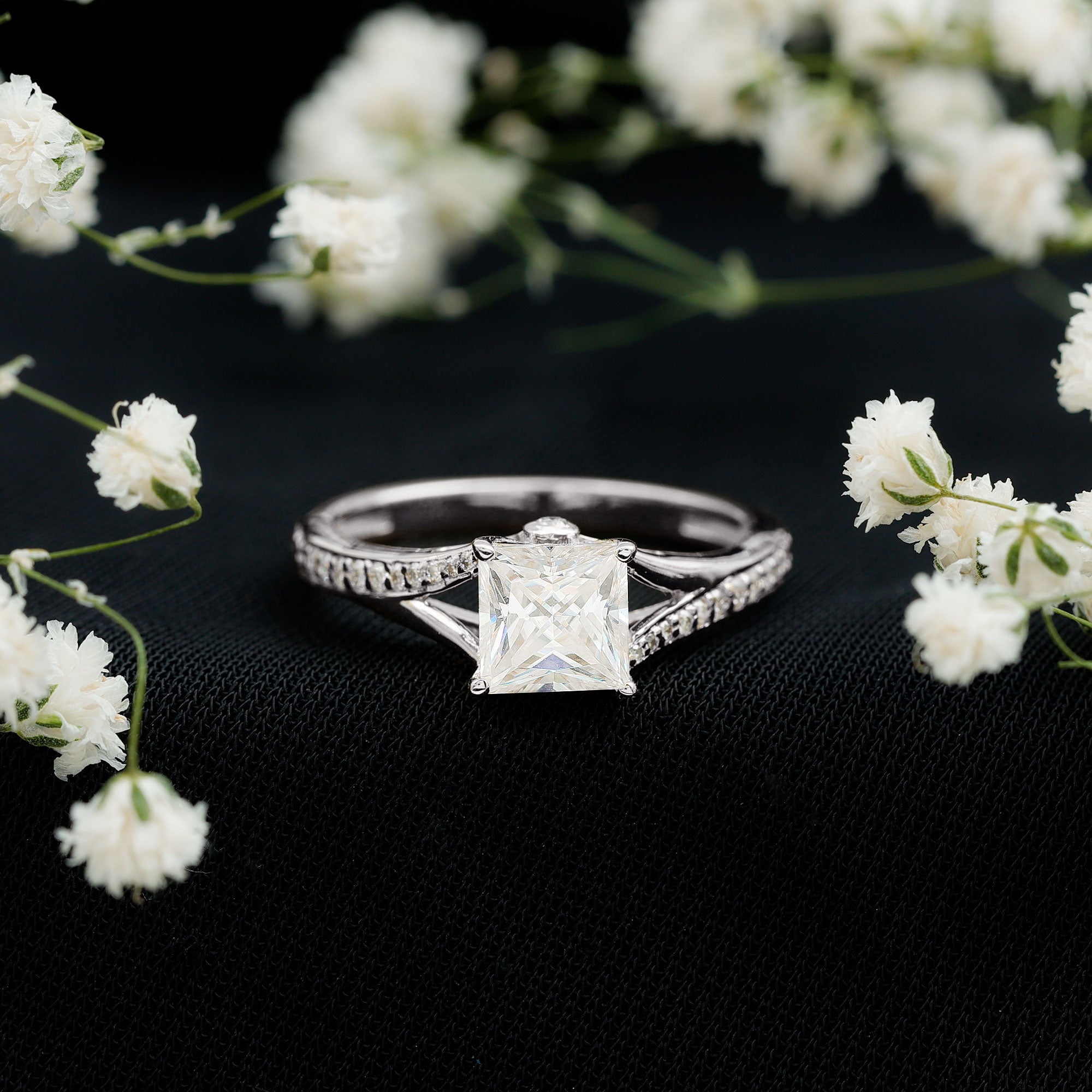 Certified Princess Cut Moissanite Engagement Ring With Split Shank D-VS1 - Rosec Jewels