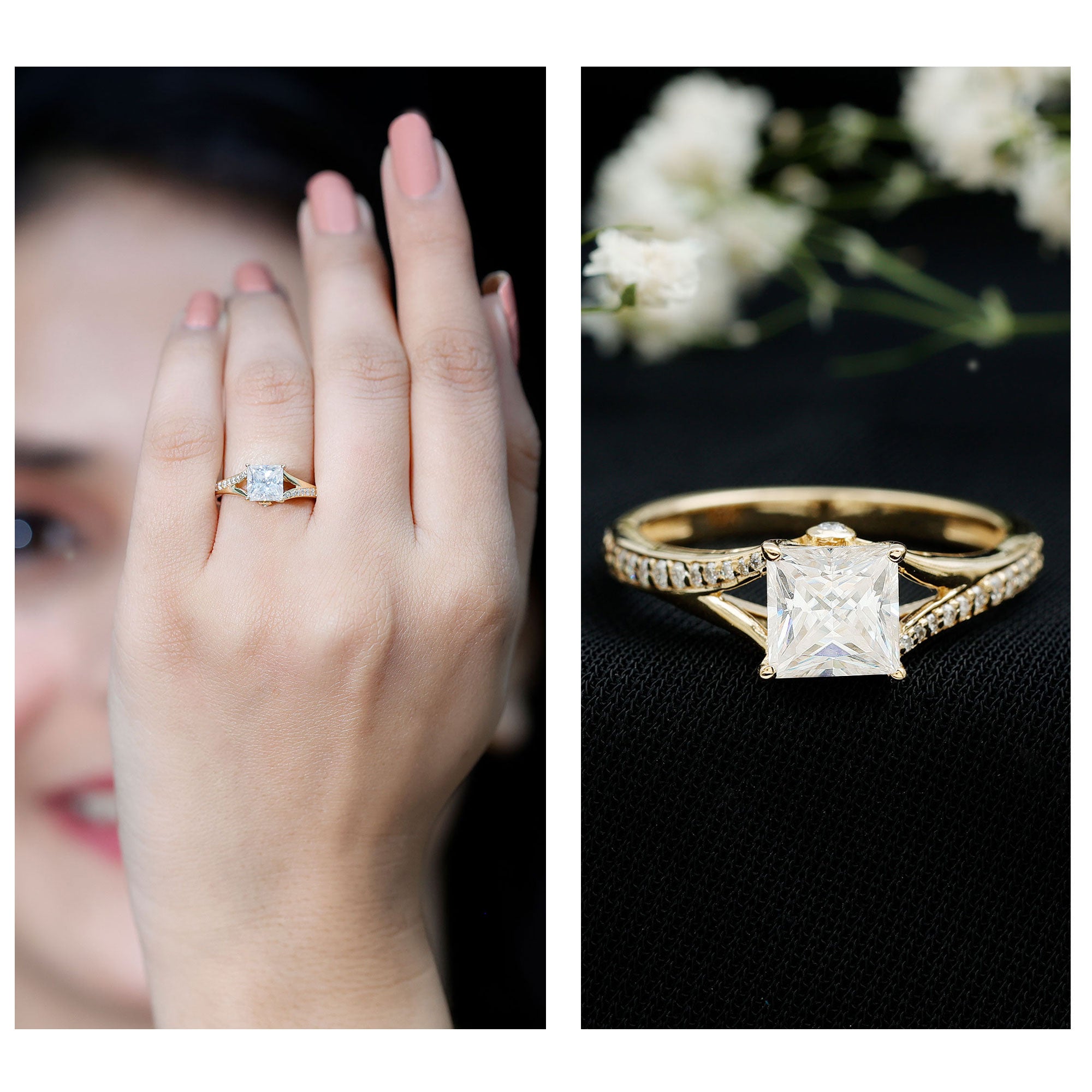 Certified Princess Cut Moissanite Engagement Ring With Split Shank D-VS1 - Rosec Jewels