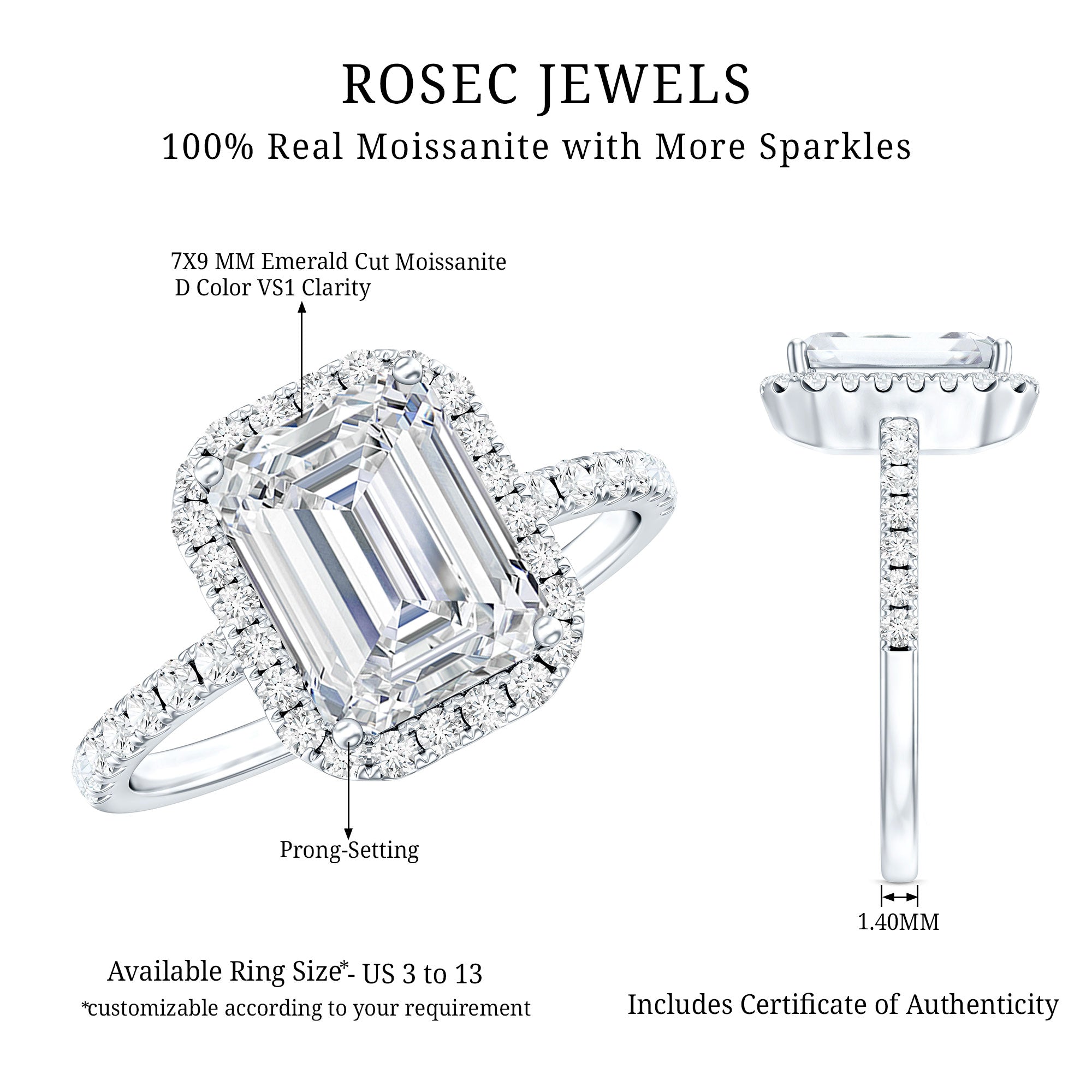 Certified Moissanite Emerald Cut Engagement Ring With Halo D-VS1 - Rosec Jewels