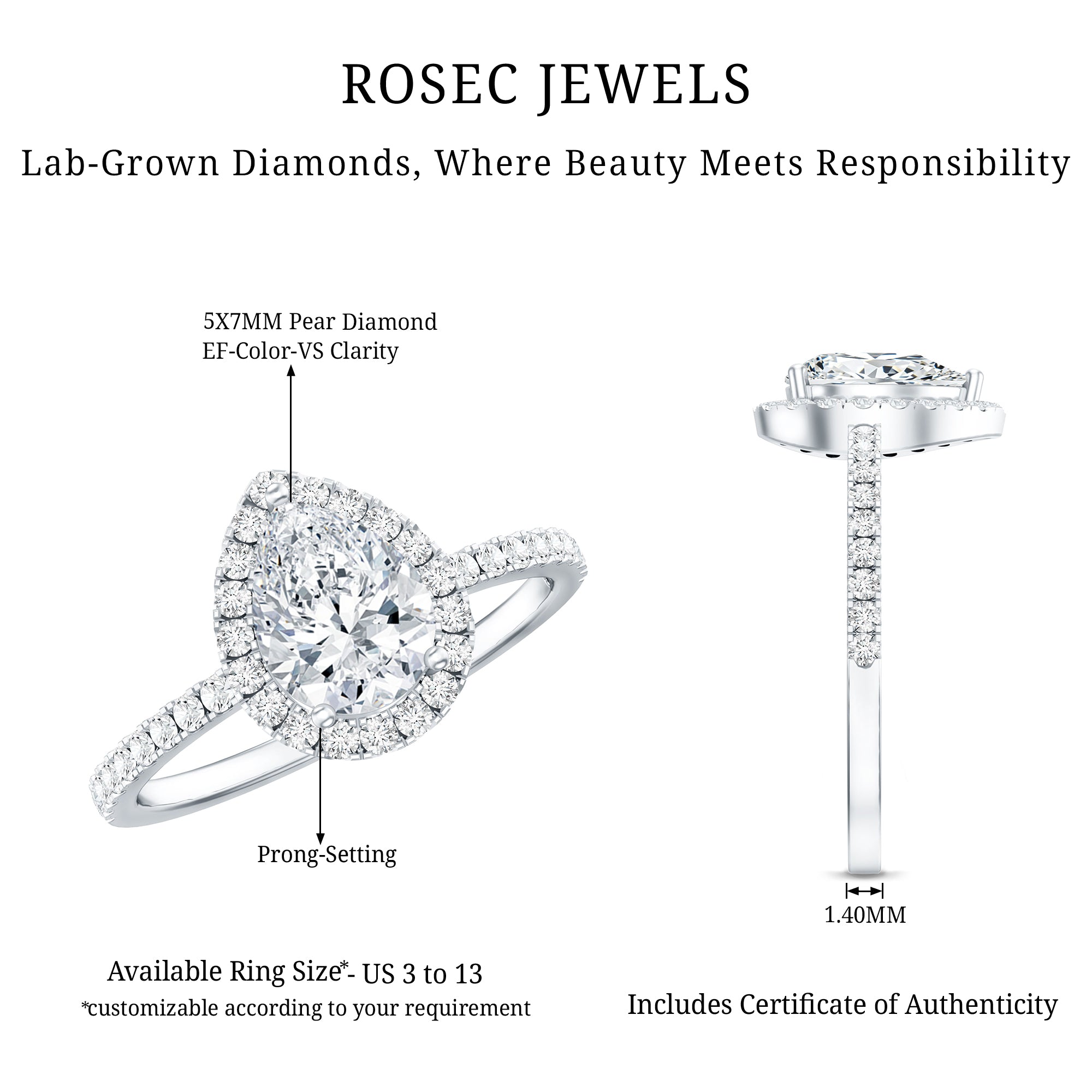 Certified Moissanite Teardrop Engagement Ring with Halo D-VS1 - Rosec Jewels