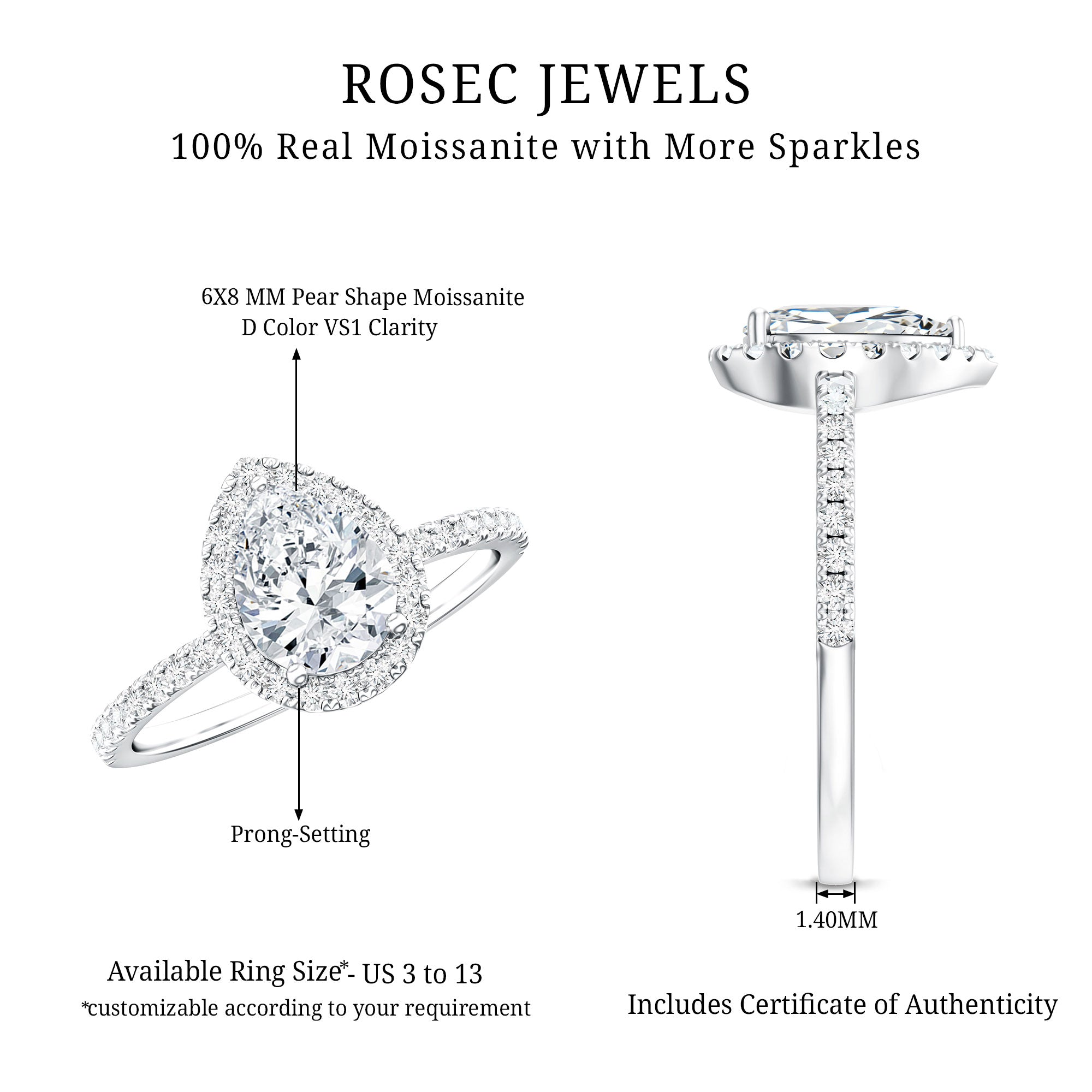 Rosec Jewels-Pear Shape Moissanite Halo Engagement Ring for Women