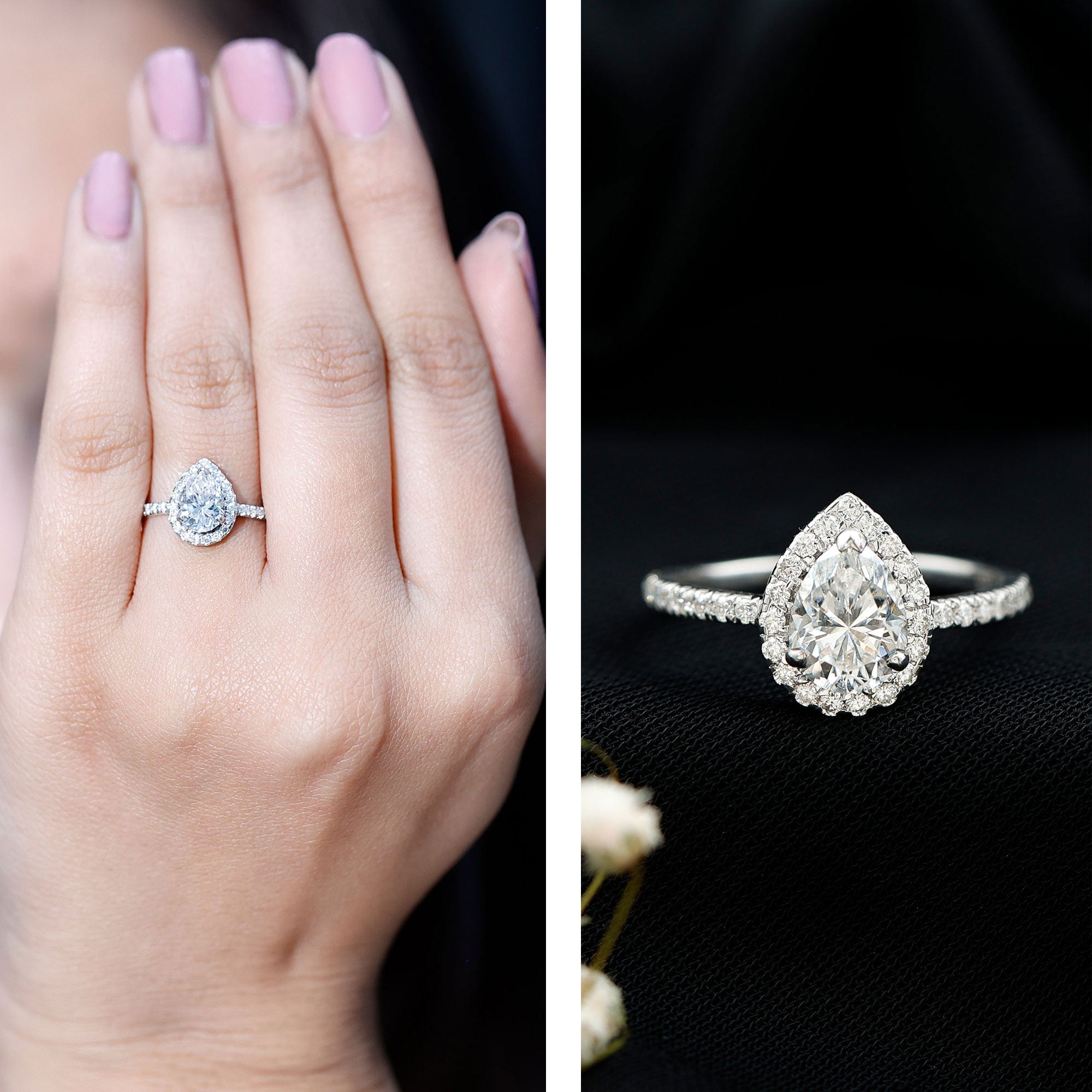 Rosec Jewels-Pear Shape Moissanite Halo Engagement Ring for Women