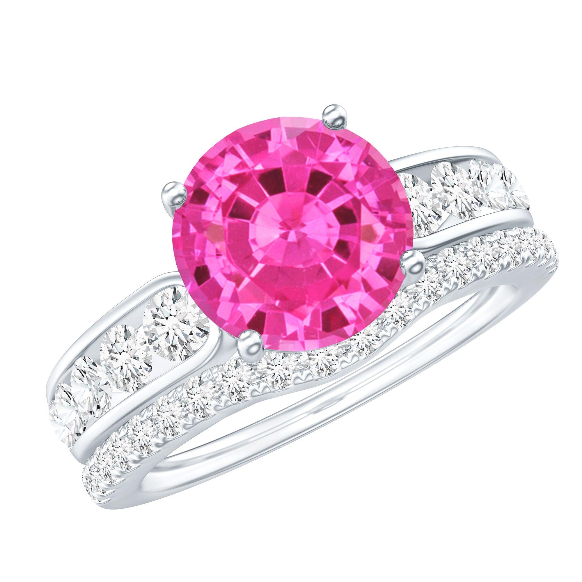 2.25 Carat Lab Grown Pink Sapphire Solitaire Bridal Ring Set AAAA - Rosec Jewels