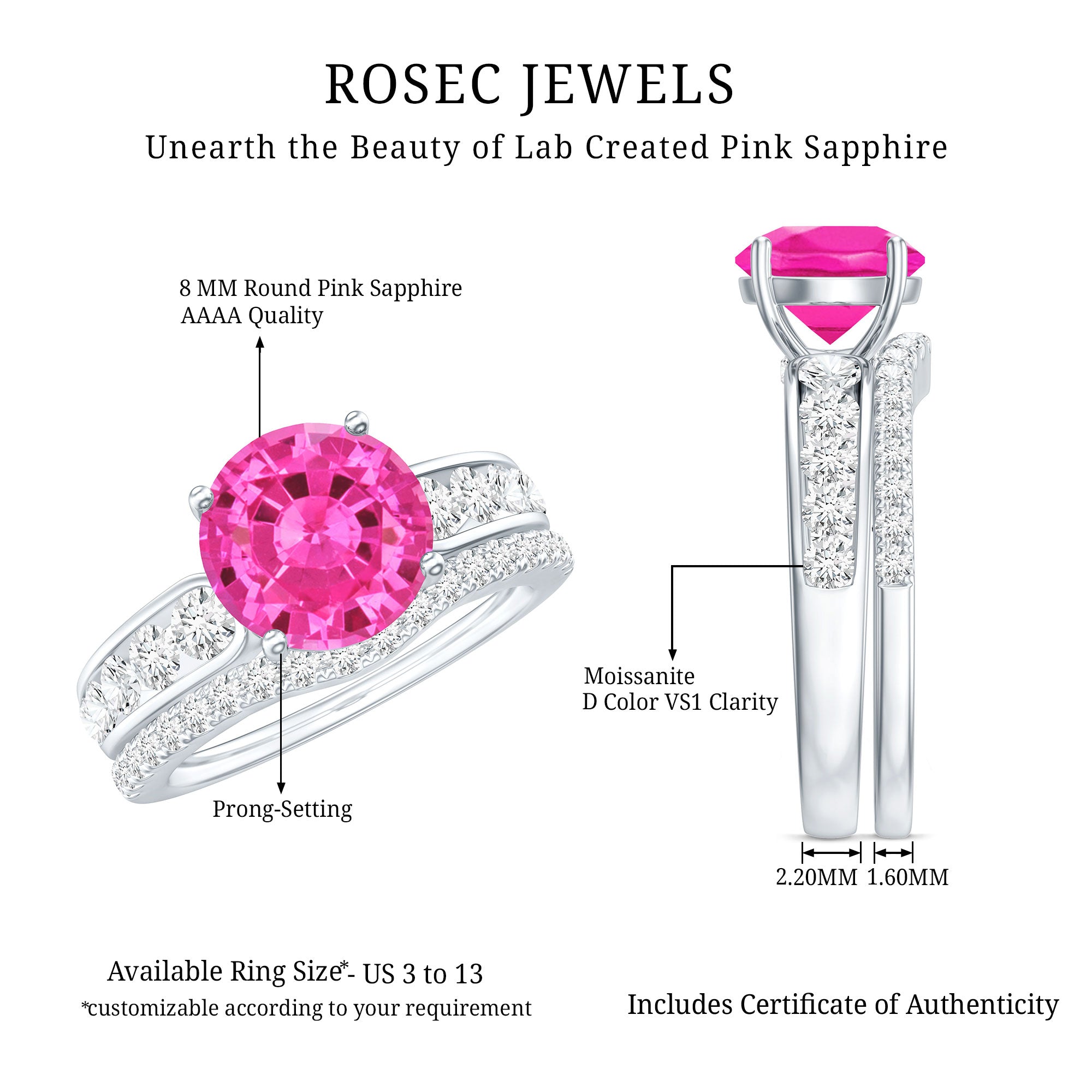 2.25 Carat Lab Grown Pink Sapphire Solitaire Bridal Ring Set AAAA - Rosec Jewels