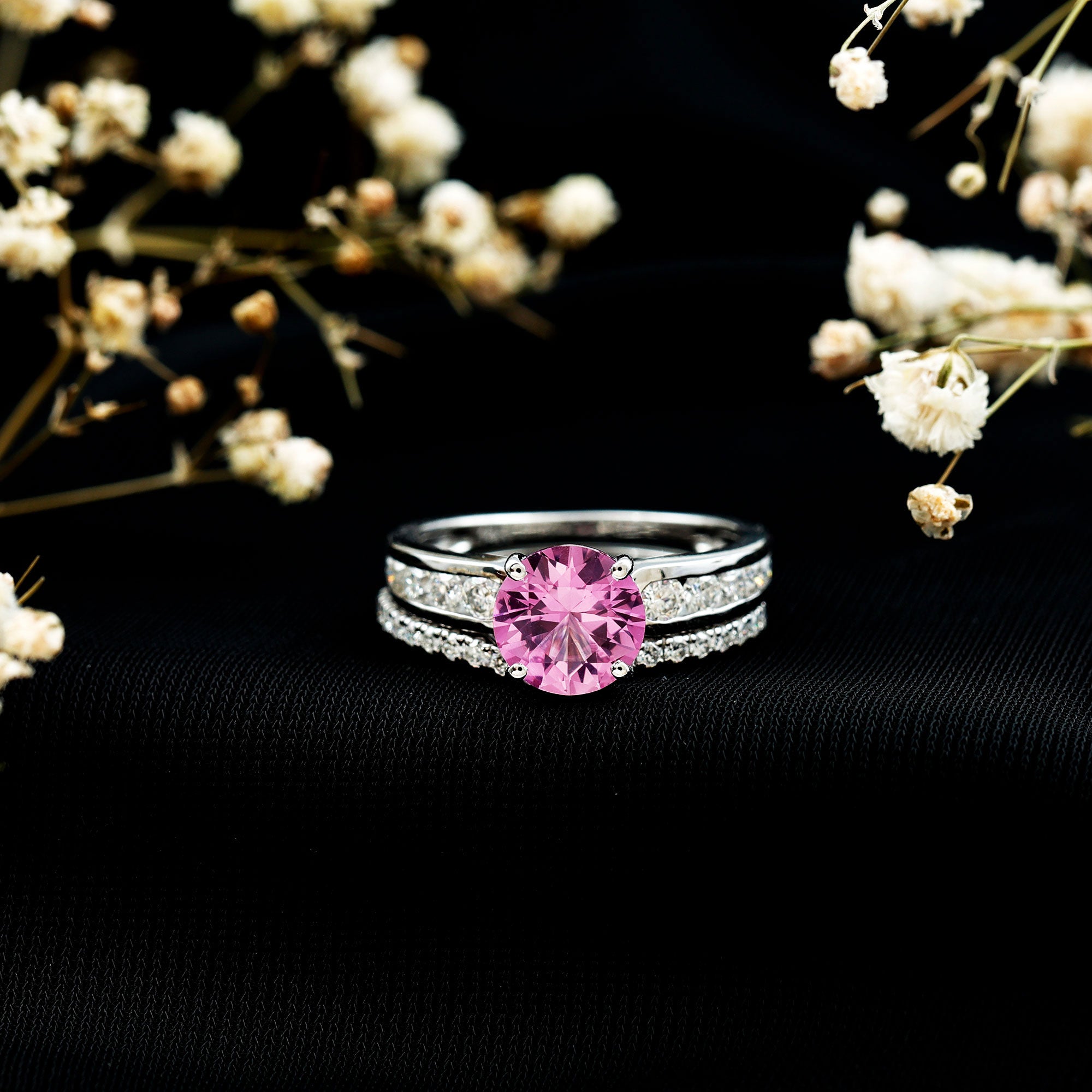 2.25 Carat Lab Grown Pink Sapphire Solitaire Bridal Ring Set AAAA - Rosec Jewels