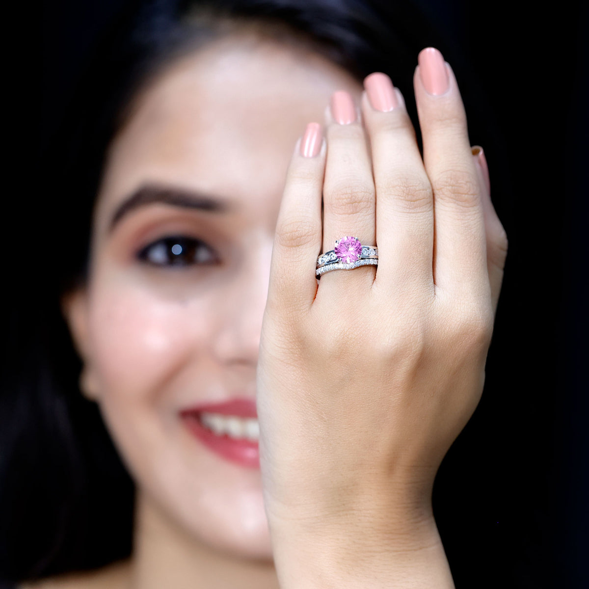 2.25 Carat Lab Grown Pink Sapphire Solitaire Bridal Ring Set AAAA - Rosec Jewels
