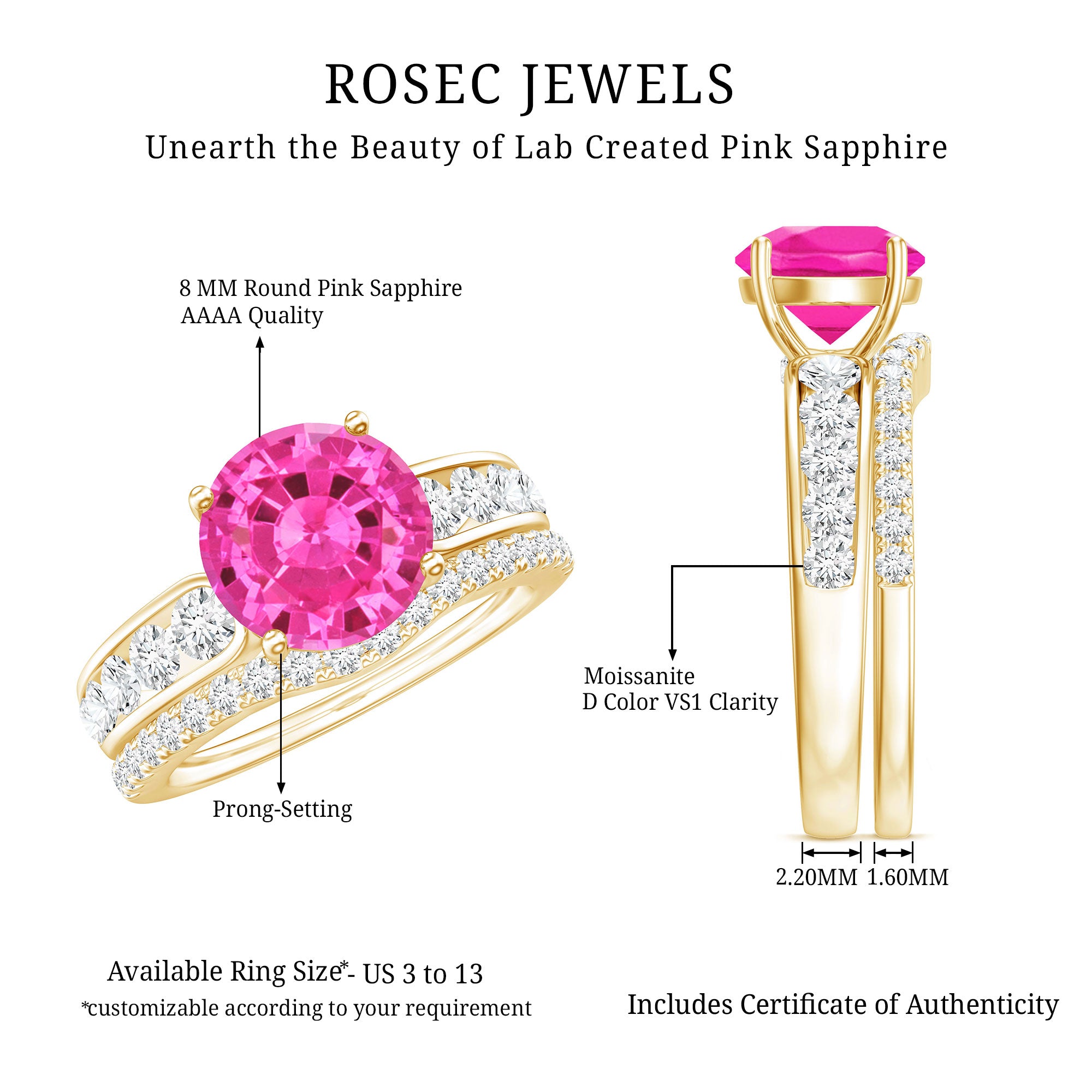 2.25 Carat Lab Grown Pink Sapphire Solitaire Bridal Ring Set AAAA - Rosec Jewels