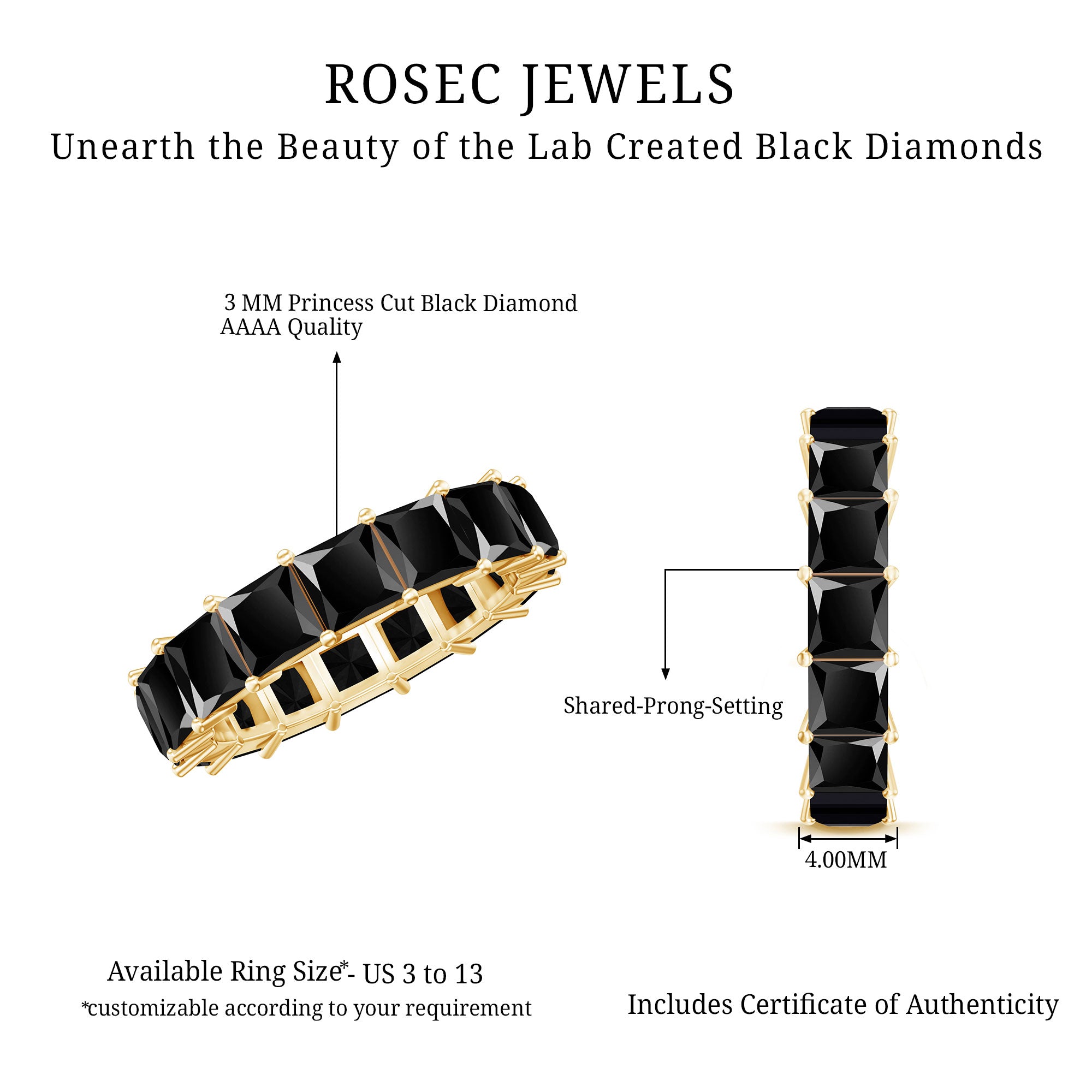 Certified Princess Cut Lab Grown Black Diamond Eternity Ring for Women AAAA ( Synthetic ) - Rosec Jewels