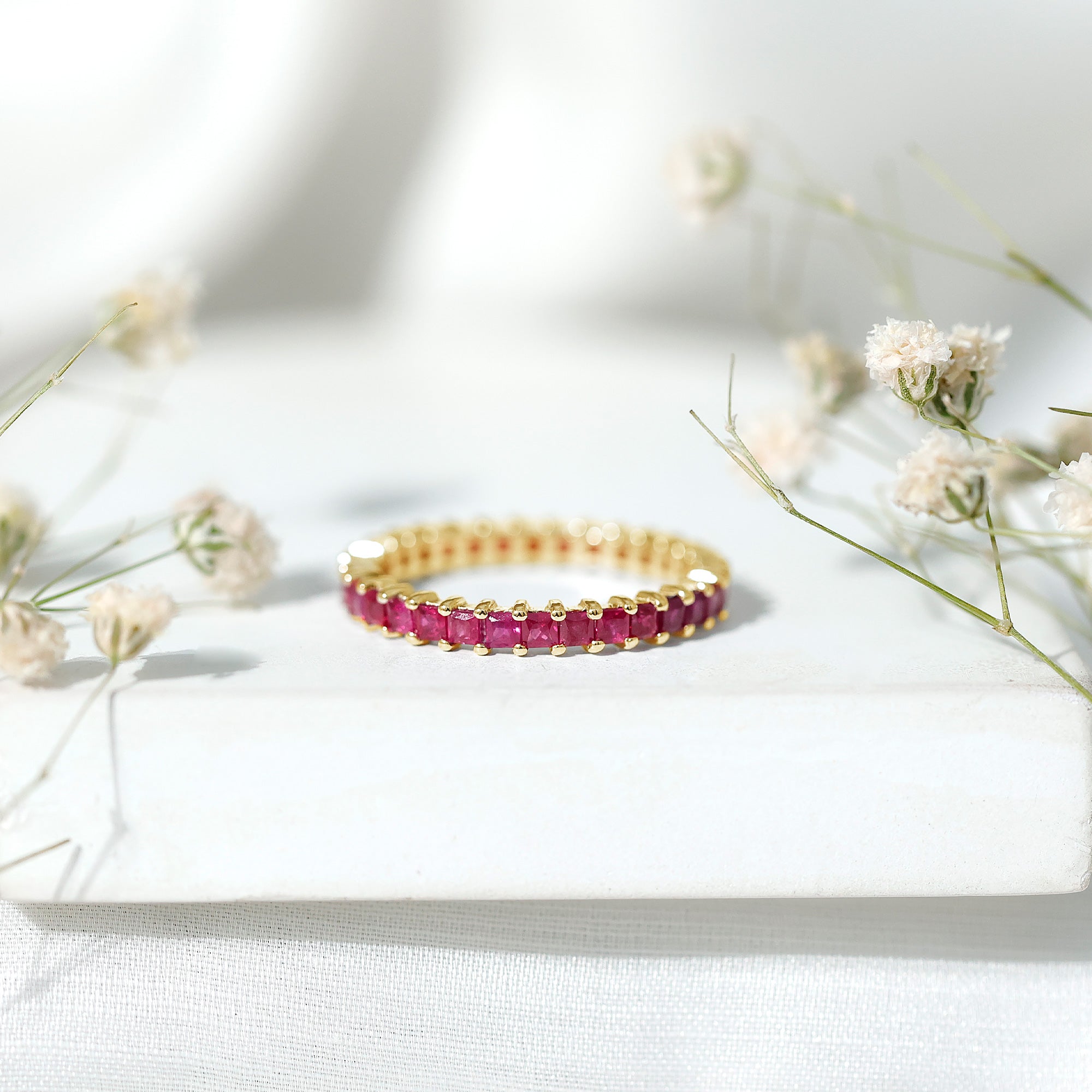 Princess Cut Ruby Eternity Ring – Thin Ruby Wedding Band in Shared Prong Setting | Real AAA Ruby AAA - Rosec Jewels