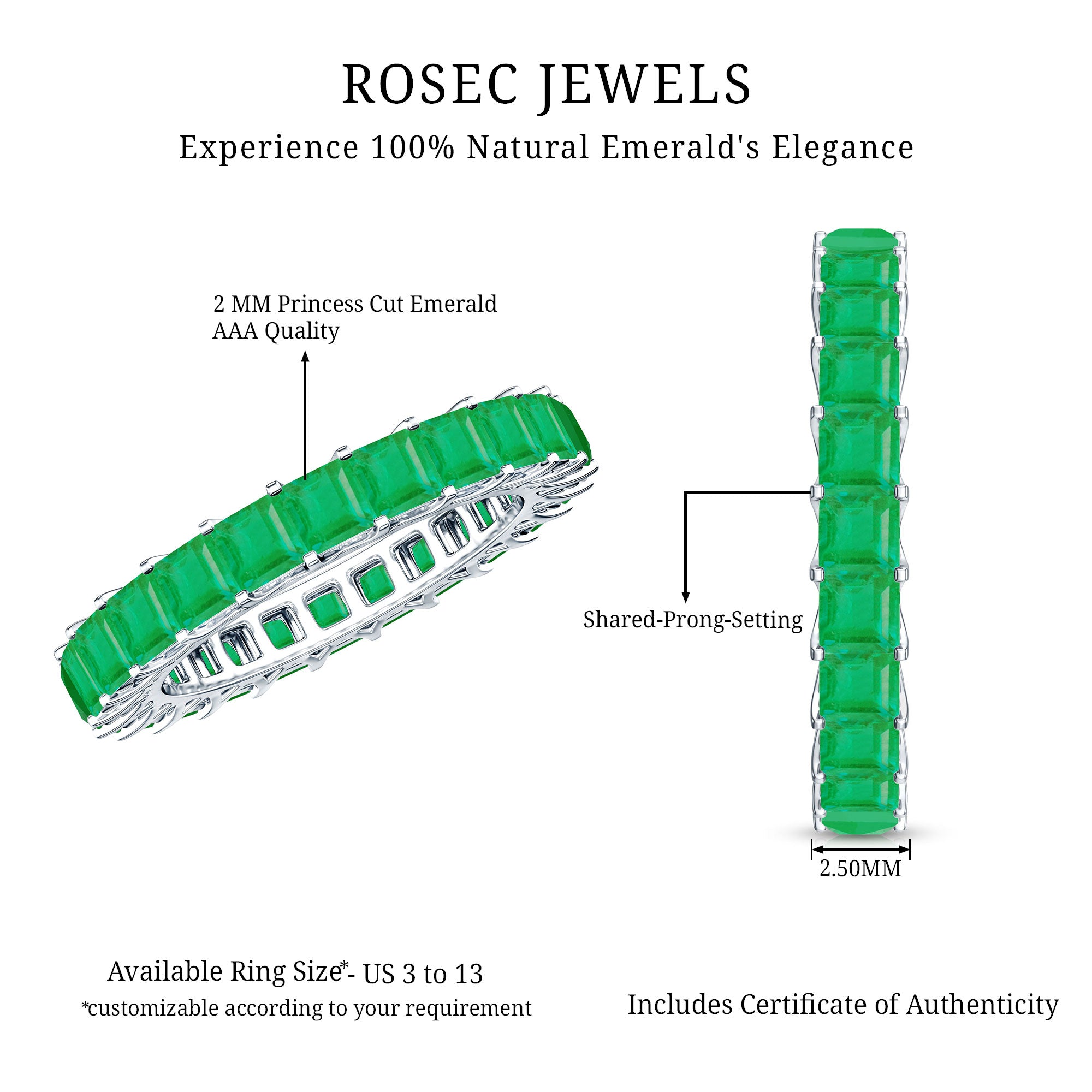 Princess Cut Natural Emerald Eternity Wedding Band AAA - Rosec Jewels