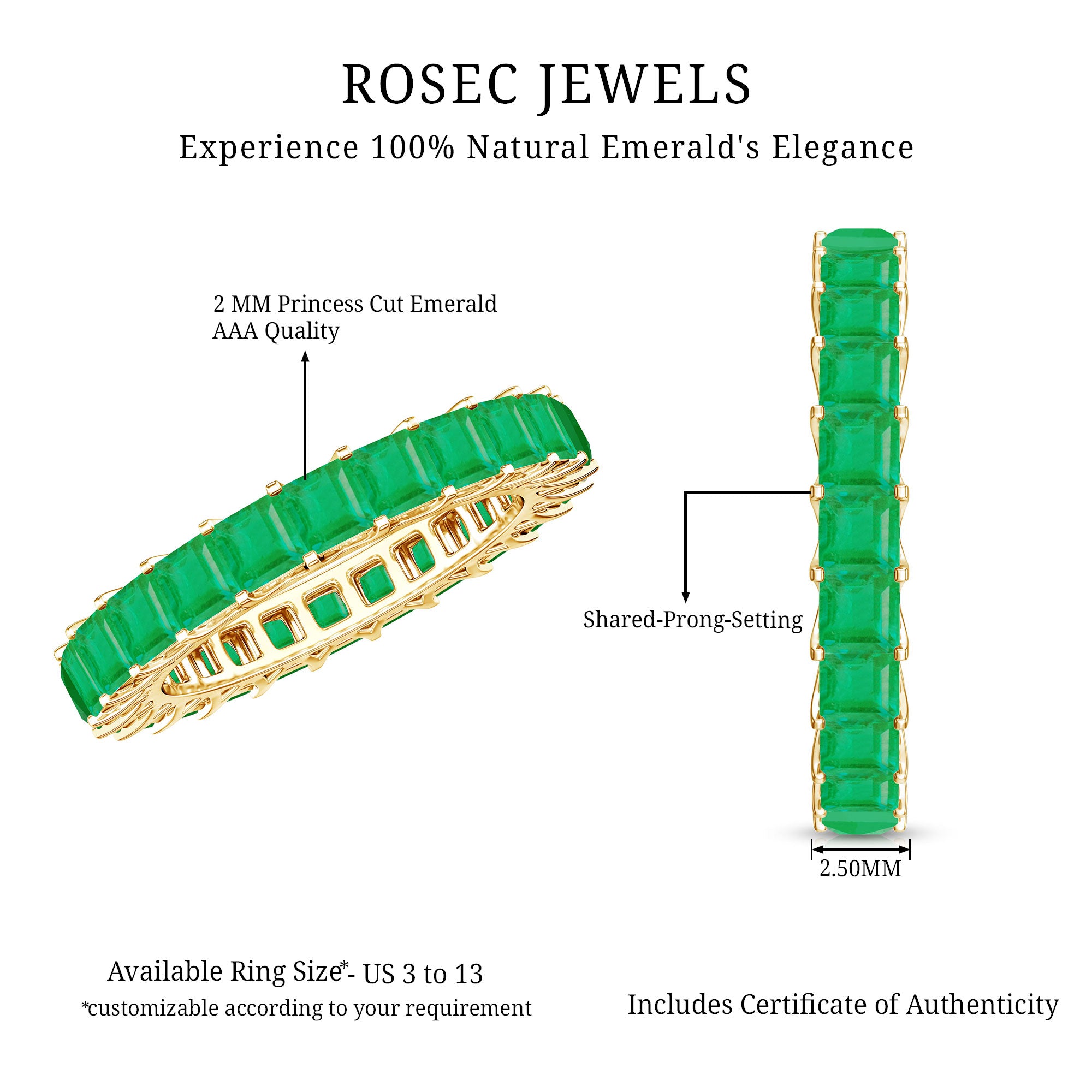 Princess Cut Natural Emerald Eternity Wedding Band AAA - Rosec Jewels