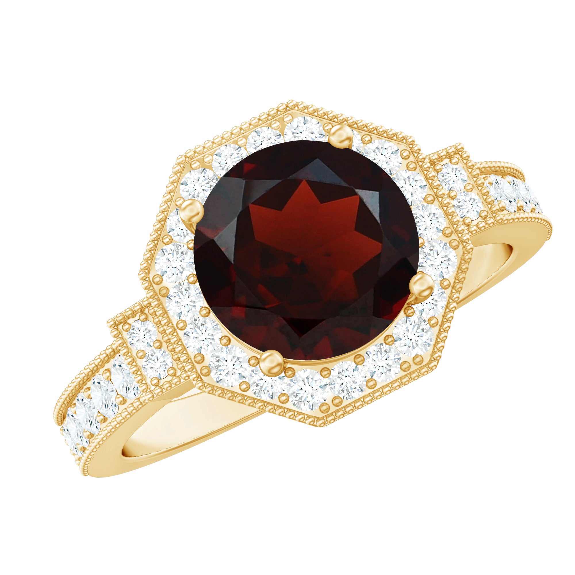 Art Deco 8mm Garnet Engagement Ring with Diamond Halo AAA - Rosec Jewels
