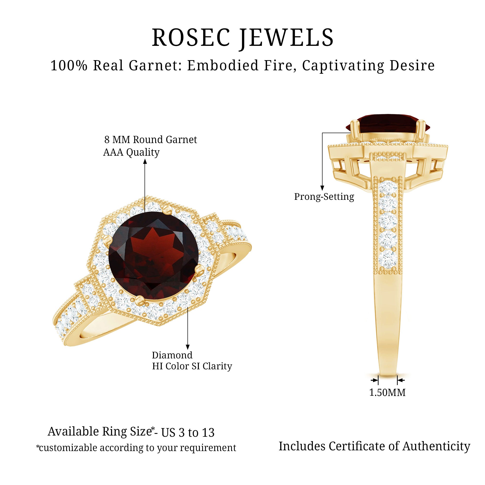 Art Deco 8mm Garnet Engagement Ring with Diamond Halo AAA - Rosec Jewels