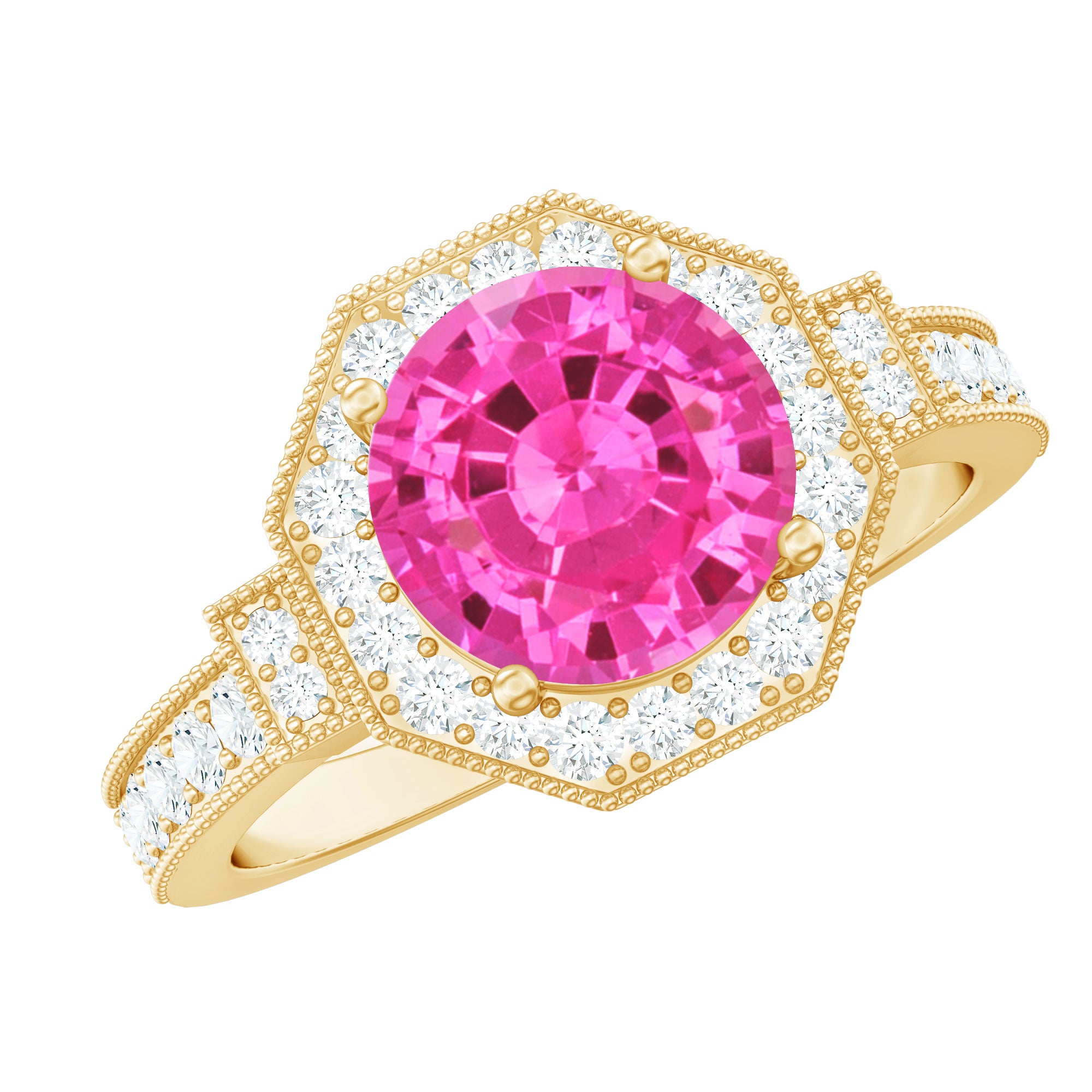 Rosec Jewels-Lab Created Pink Sapphire Vintage Engagement Ring with Diamond Halo