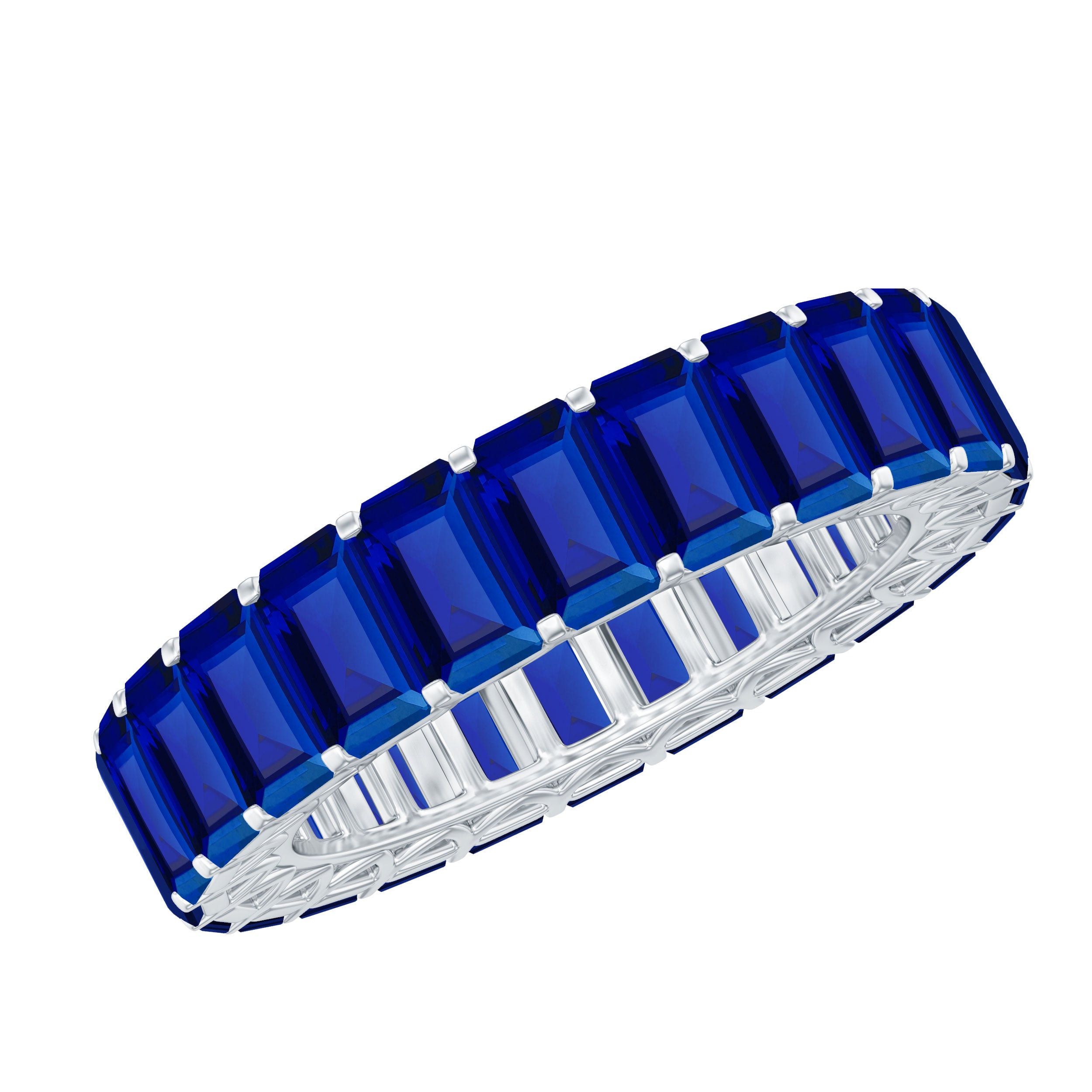 Certified Emerald Cut Lab Grown Blue Sapphire Eternity Band Ring