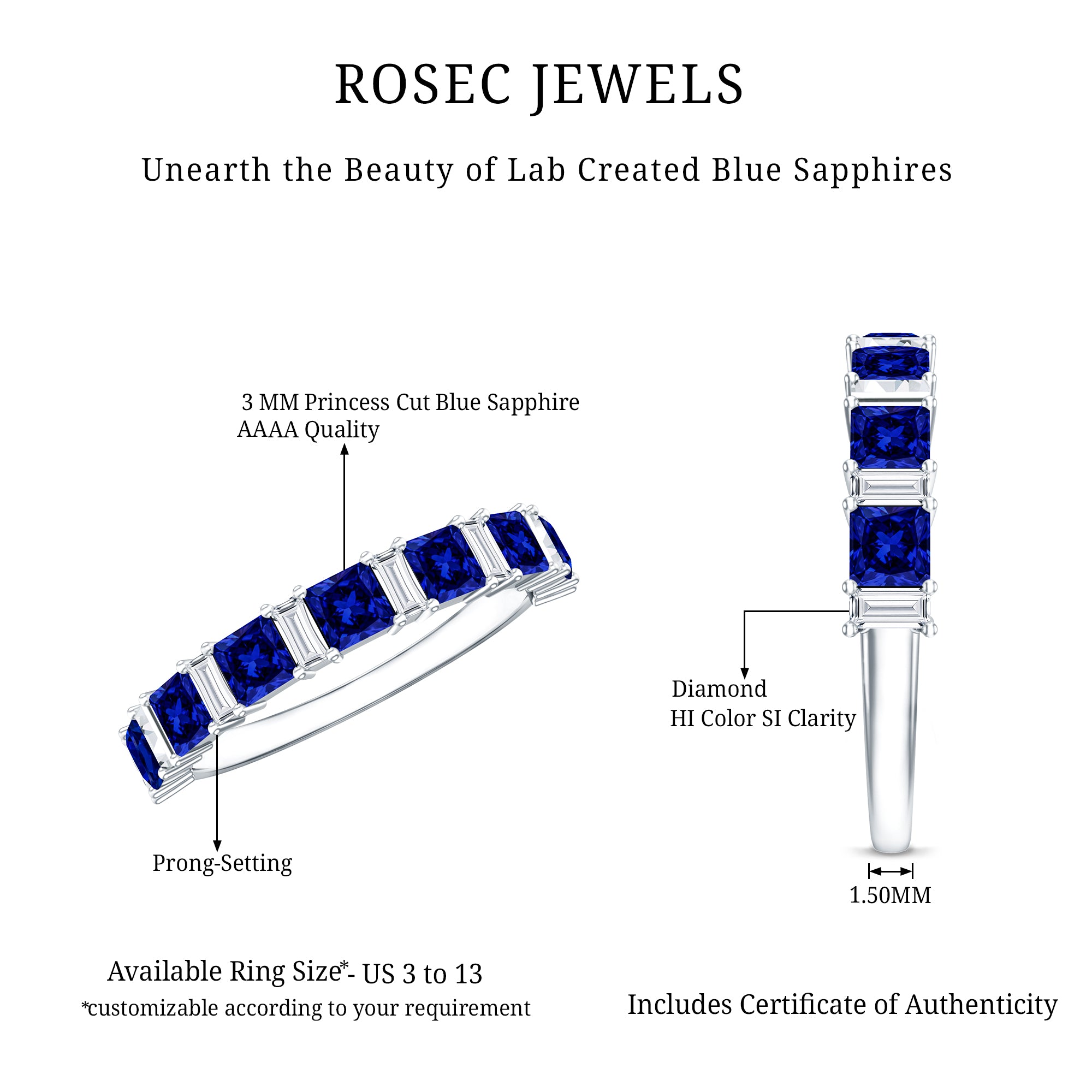 Princess Cut Lab Grown Blue Sapphire Half Eternity Ring with Diamond AAAA - Rosec Jewels