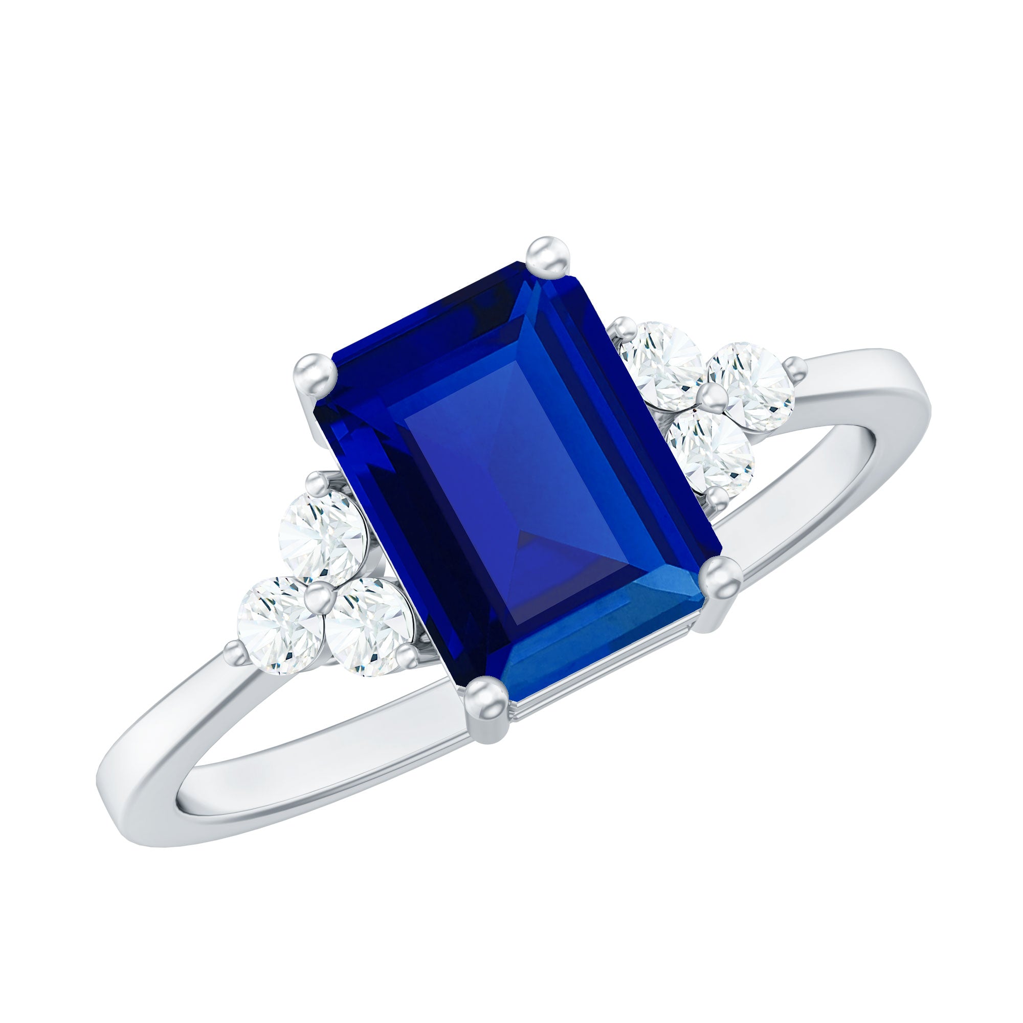 Emerald Cut Lab Created Blue Sapphire Engagement Ring with Diamond Accent
