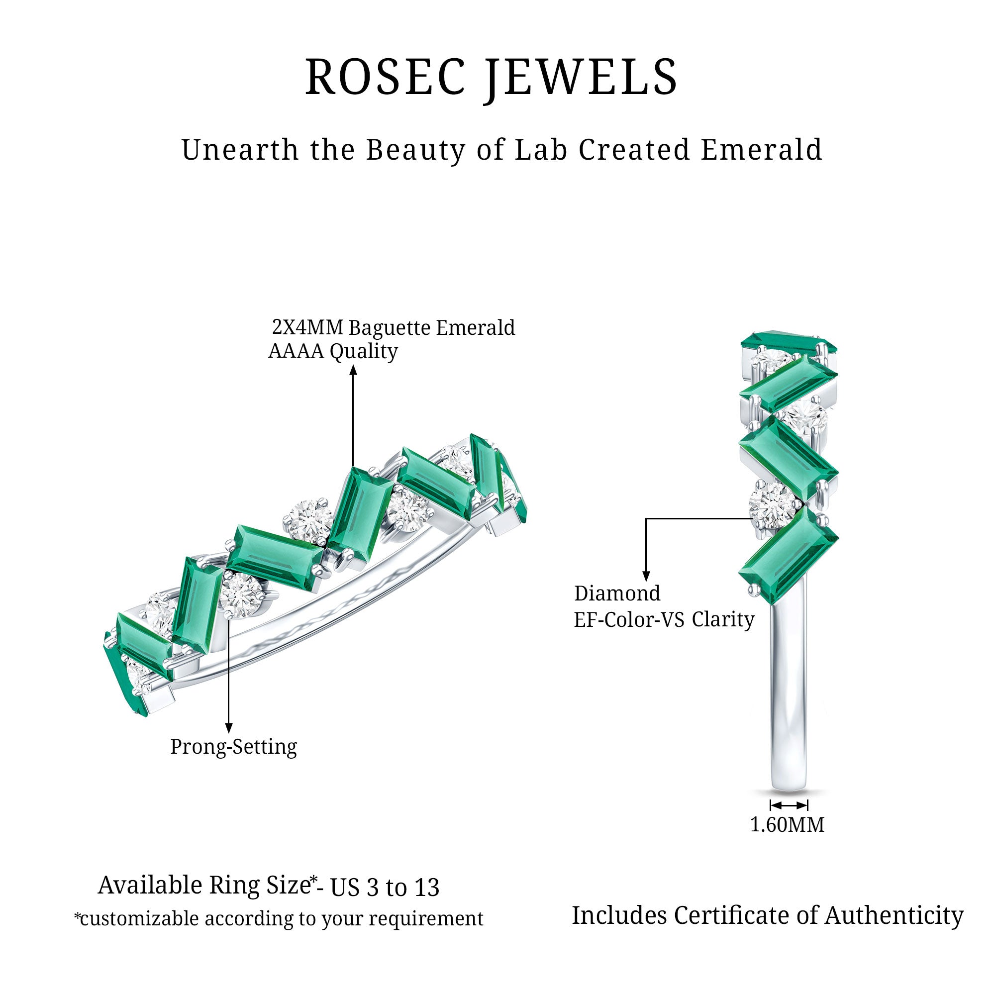 Baguette Shape Lab Grown Emerald and Diamond Half Eternity Ring AAAA - Rosec Jewels