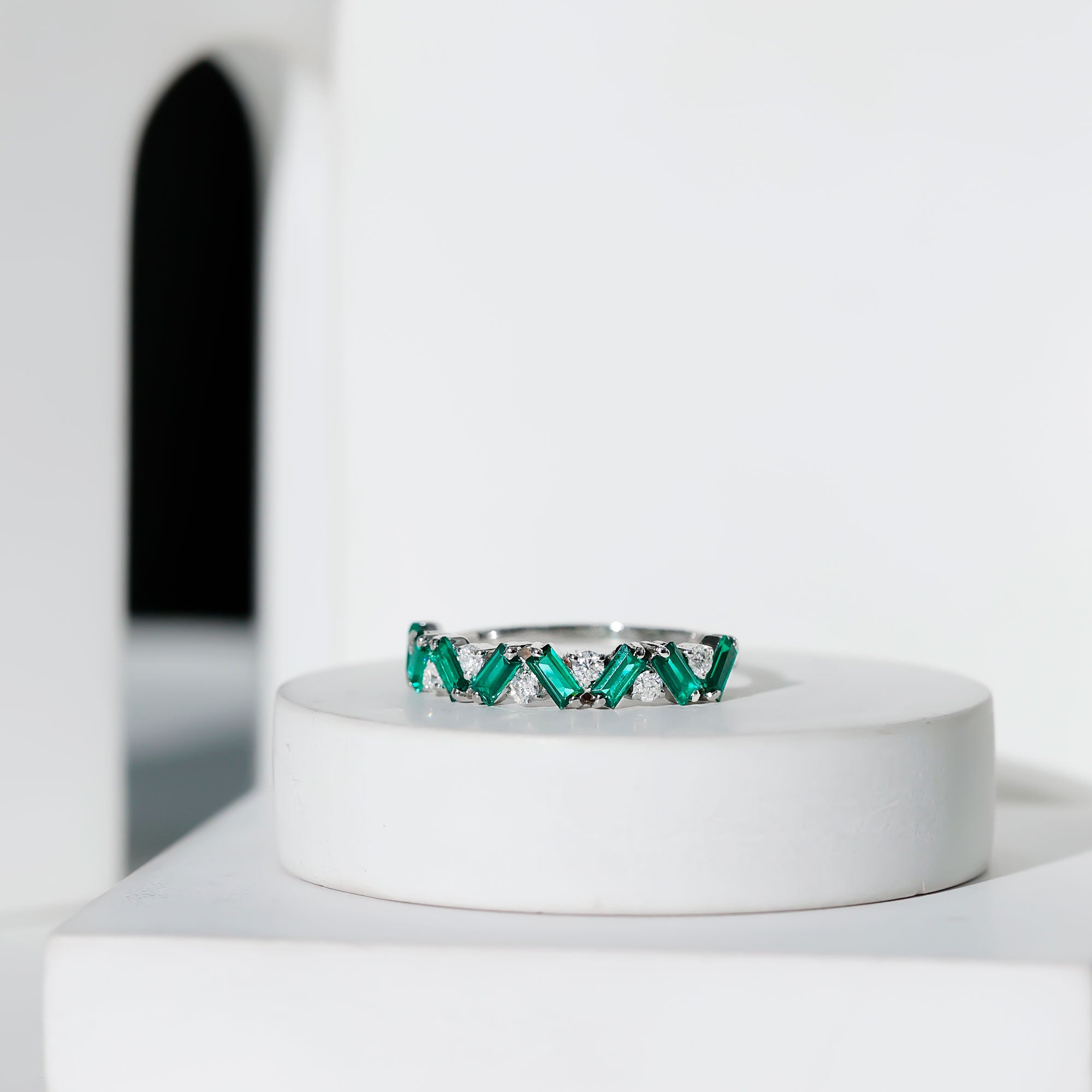 Baguette Shape Lab Grown Emerald and Diamond Half Eternity Ring AAAA - Rosec Jewels