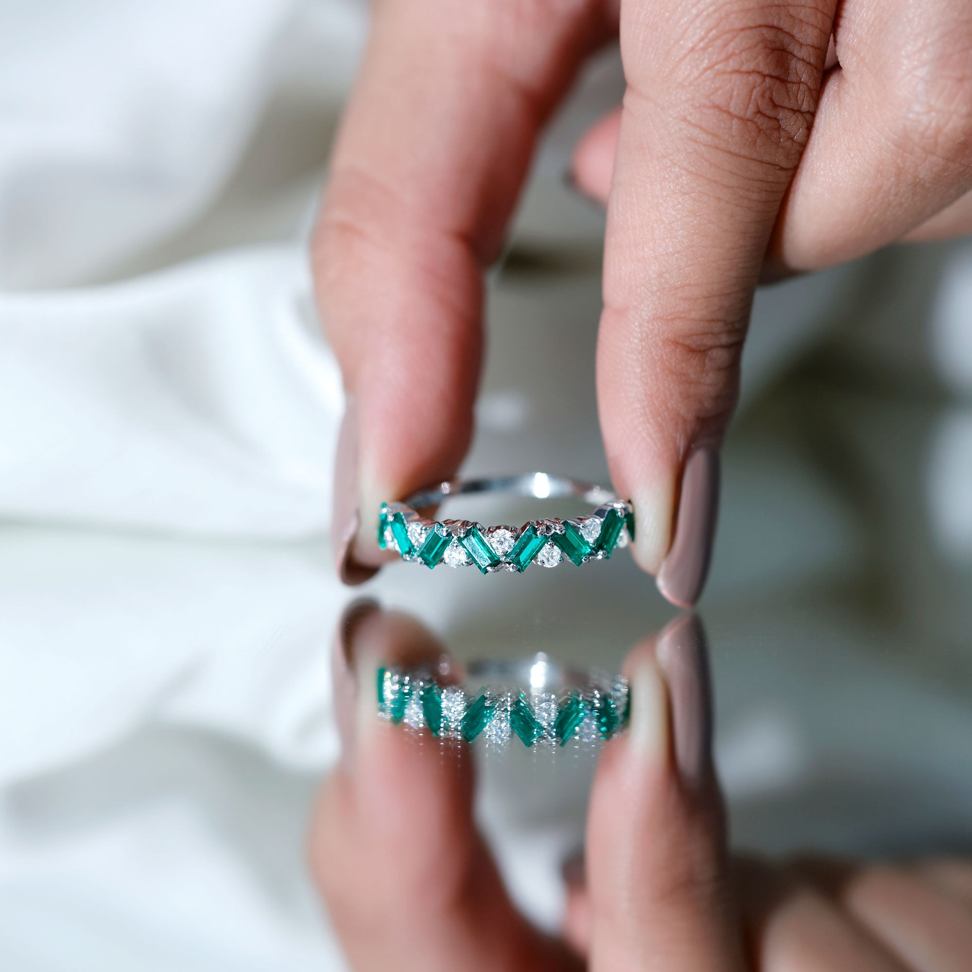 Baguette Shape Lab Grown Emerald and Diamond Half Eternity Ring AAAA - Rosec Jewels