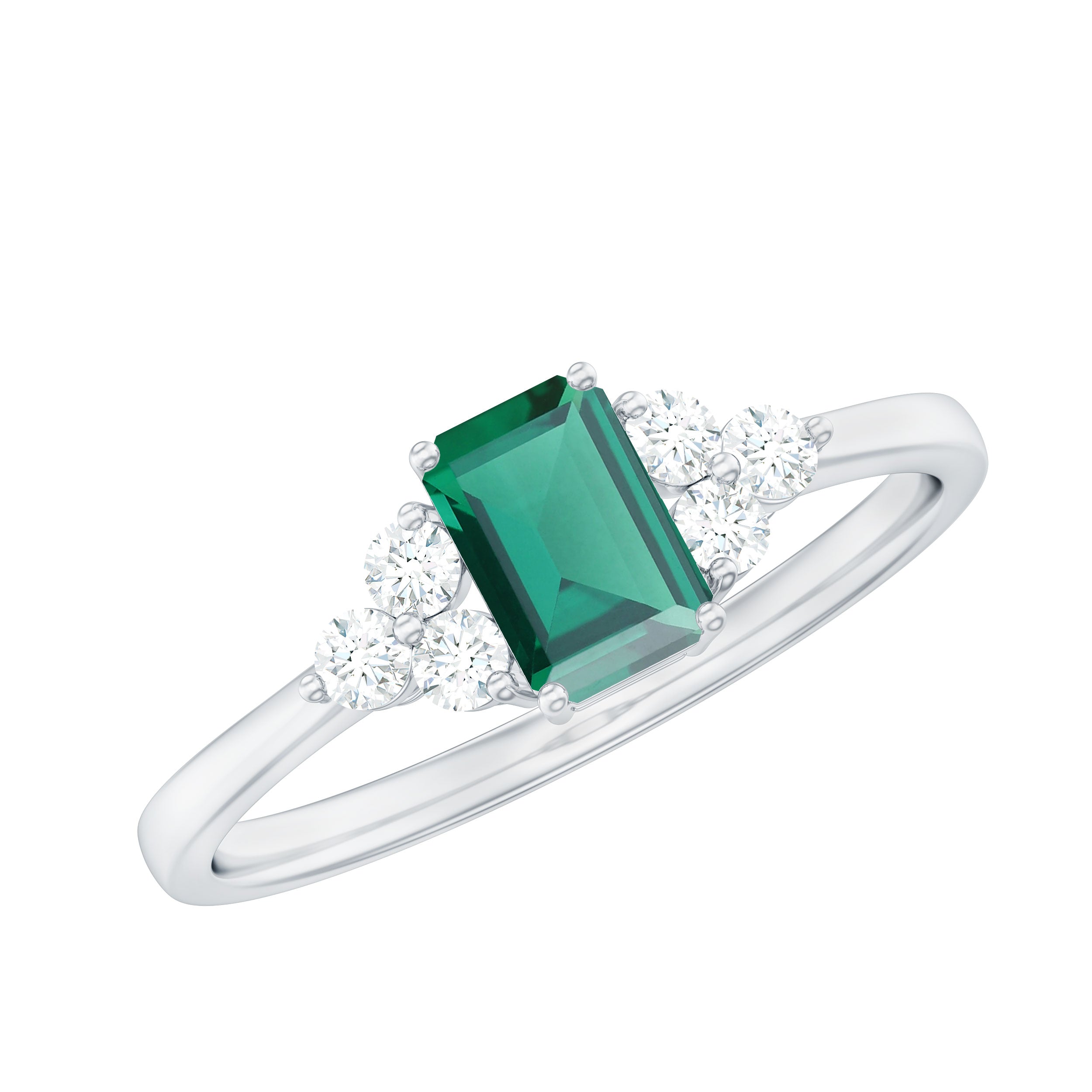 Certified Lab Grown Emerald Cut Emerald Engagement Ring with Diamond Trio