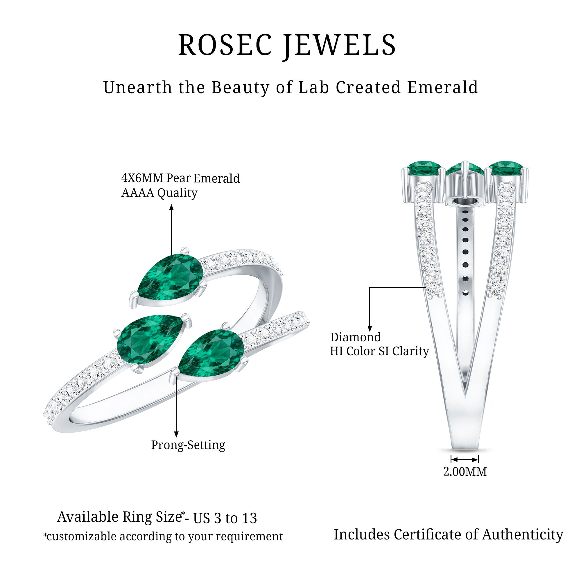 Certified Pear Shape Lab Grown Emerald Diamond Cocktail Ring AAAA - Rosec Jewels