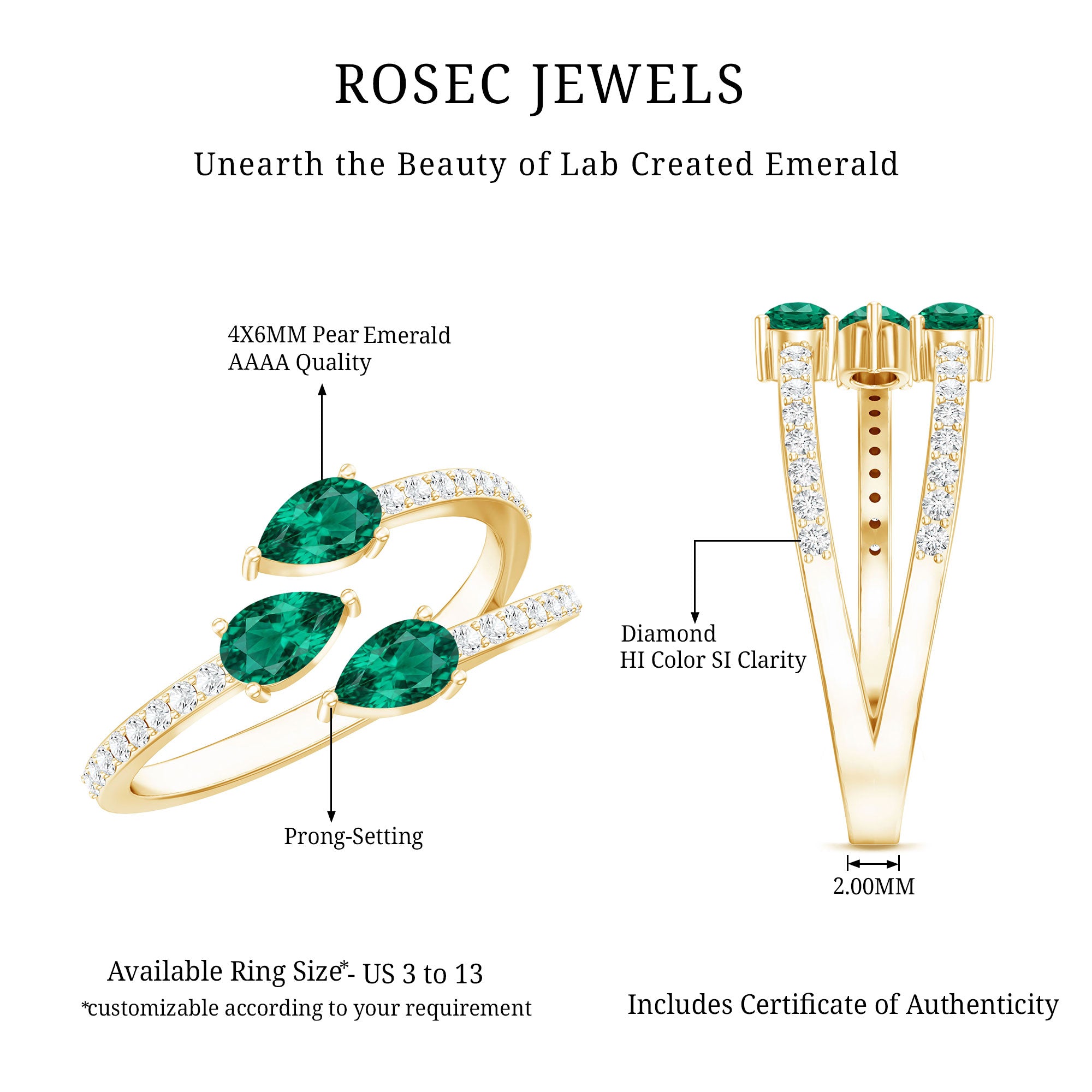 Certified Pear Shape Lab Grown Emerald Diamond Cocktail Ring AAAA - Rosec Jewels