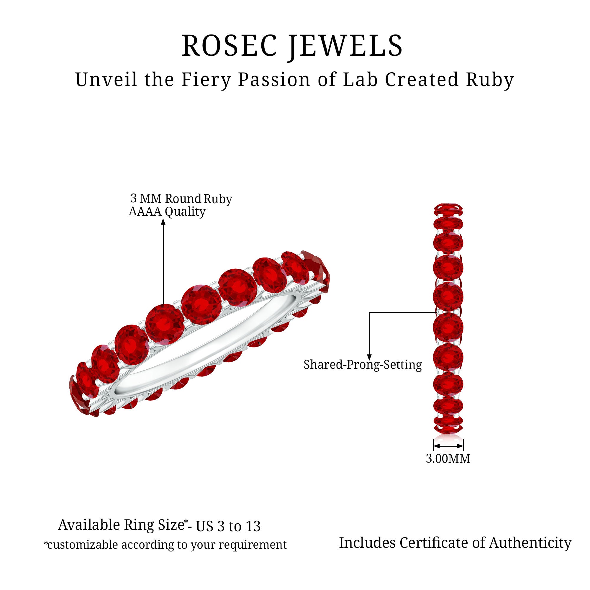 Shared Prong Set Round Created Ruby Full Eternity Band Ring AAAA - Rosec Jewels