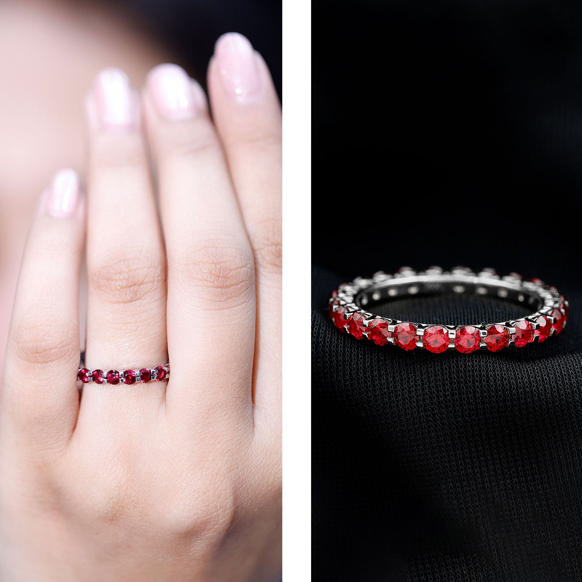 Shared Prong Set Round Created Ruby Full Eternity Band Ring AAAA - Rosec Jewels