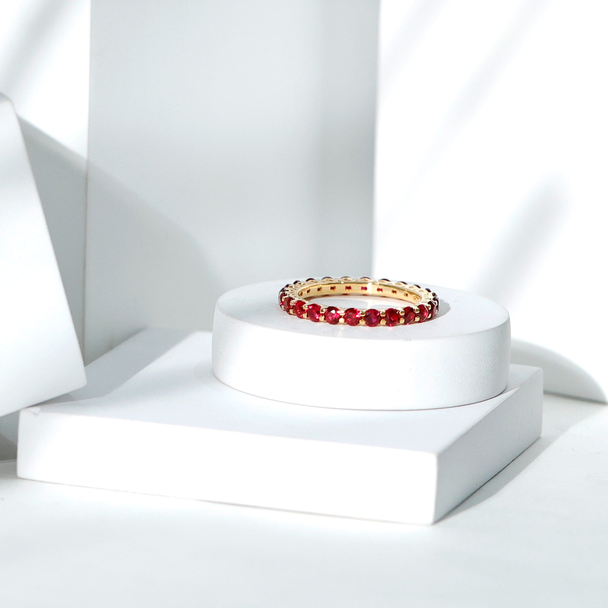 Shared Prong Set Round Created Ruby Full Eternity Band Ring AAAA - Rosec Jewels