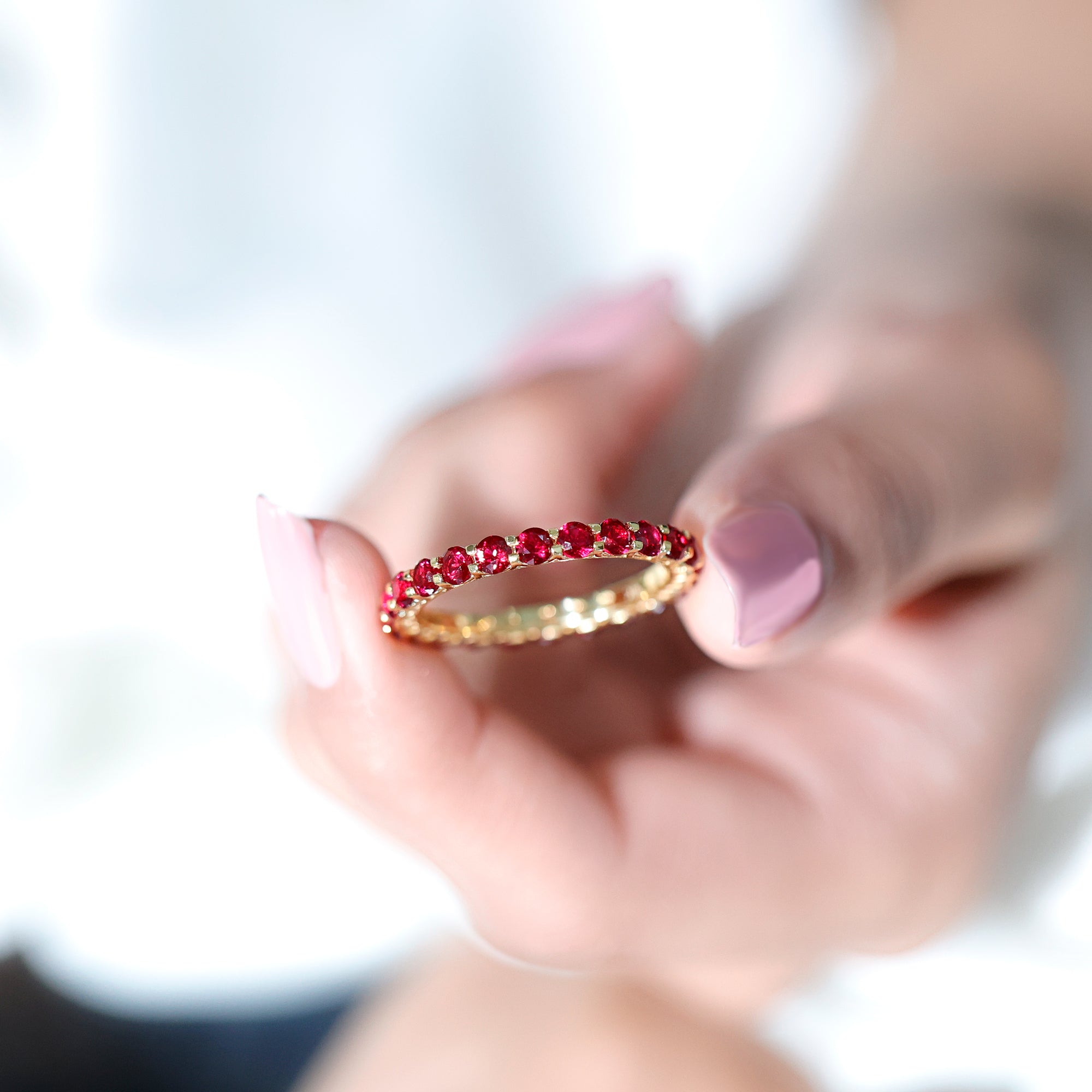 Rosec Jewels-Shared Prong Set Round Created Ruby Full Eternity Band Ring