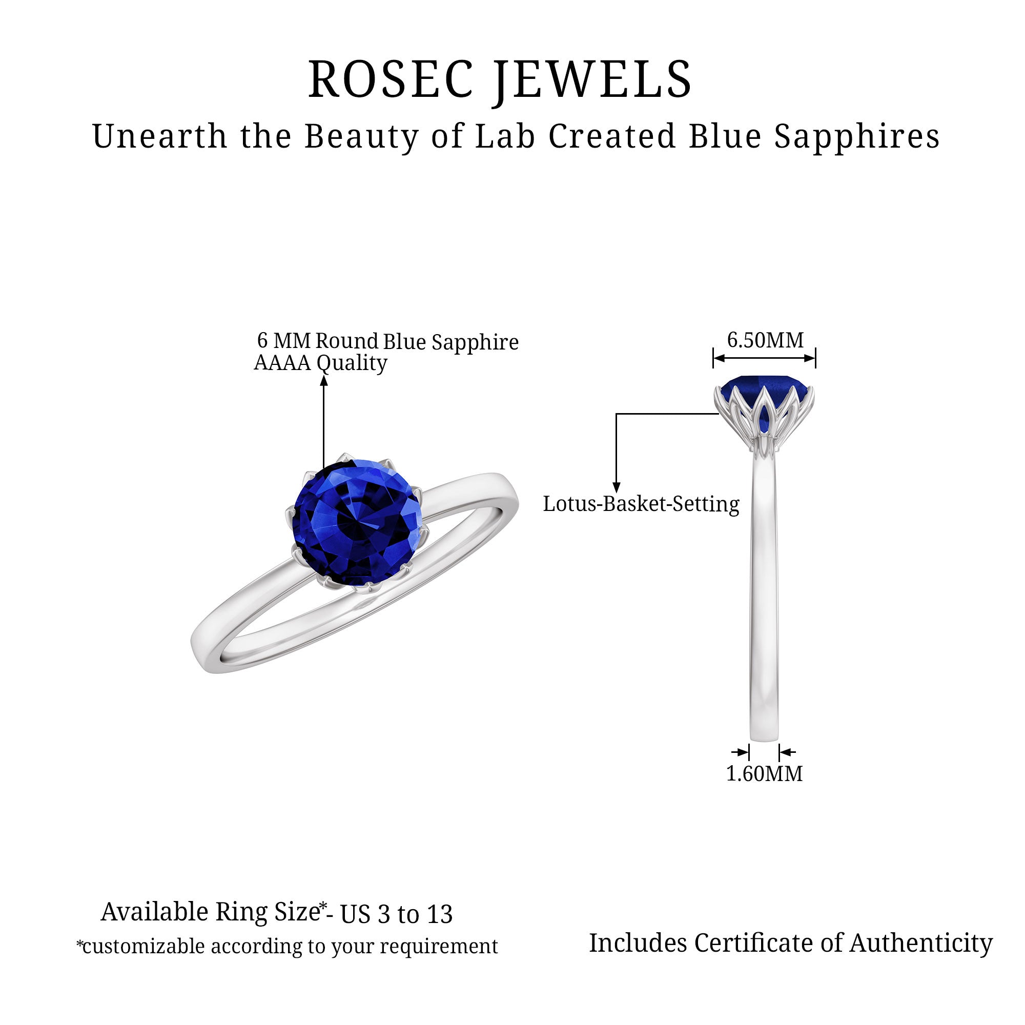 Certified 1 Carat Lab Grown Blue Sapphire Solitaire Engagement Ring AAAA - Rosec Jewels