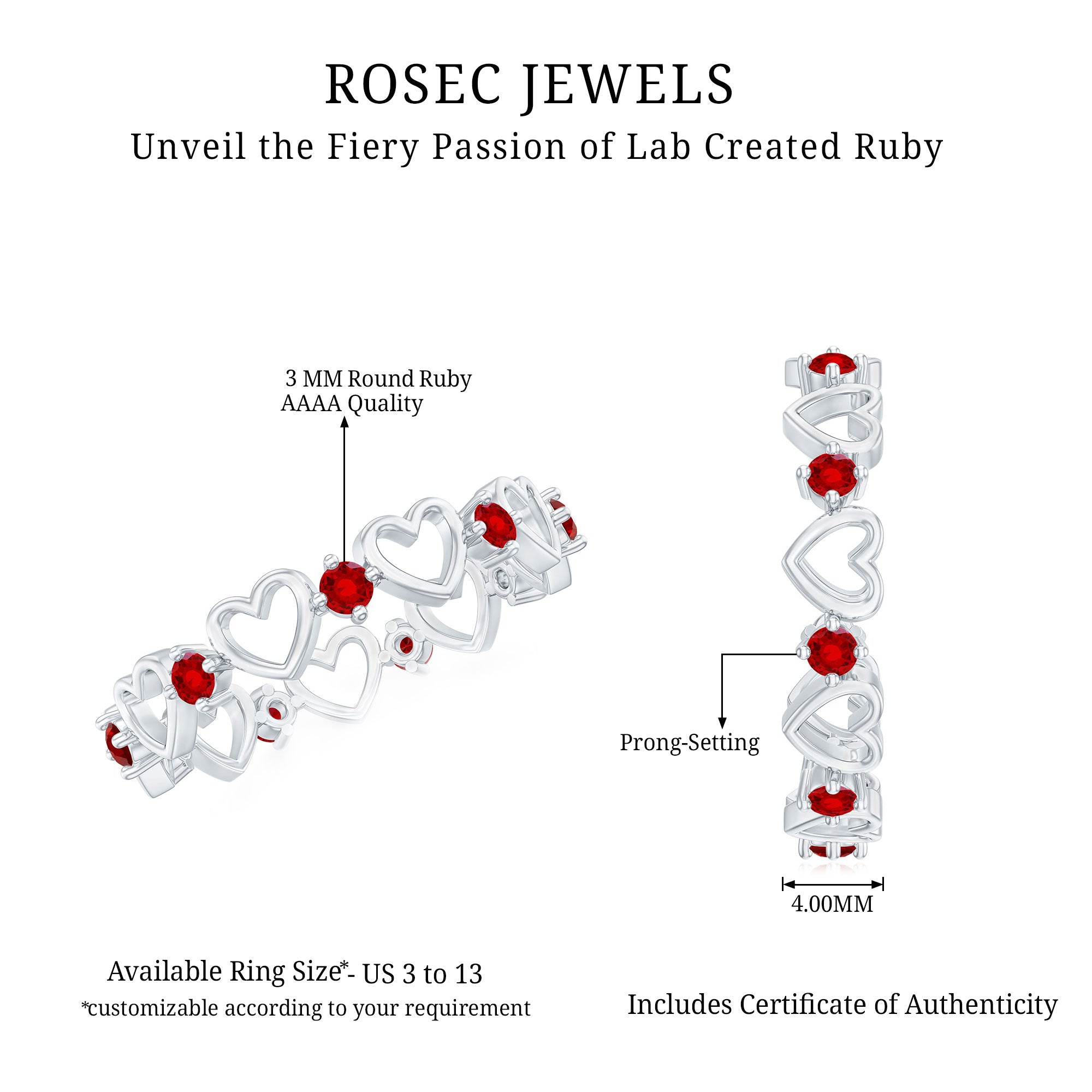 Certified Lab Created Ruby Heart Eternity Band Ring AAAA - Rosec Jewels