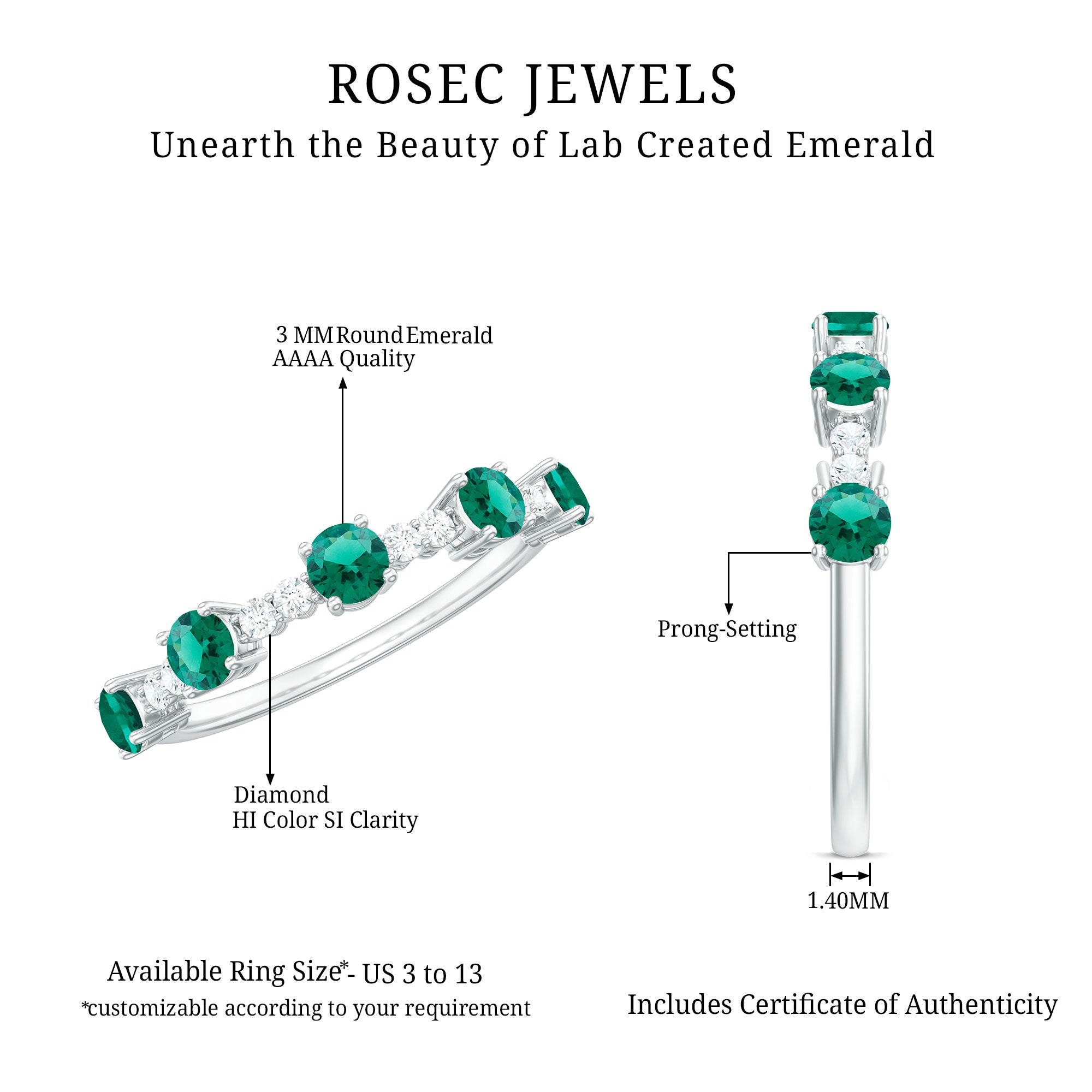 Certified Lab Grown Emerald Half Eternity Anniversary Ring with Diamond AAAA - Rosec Jewels