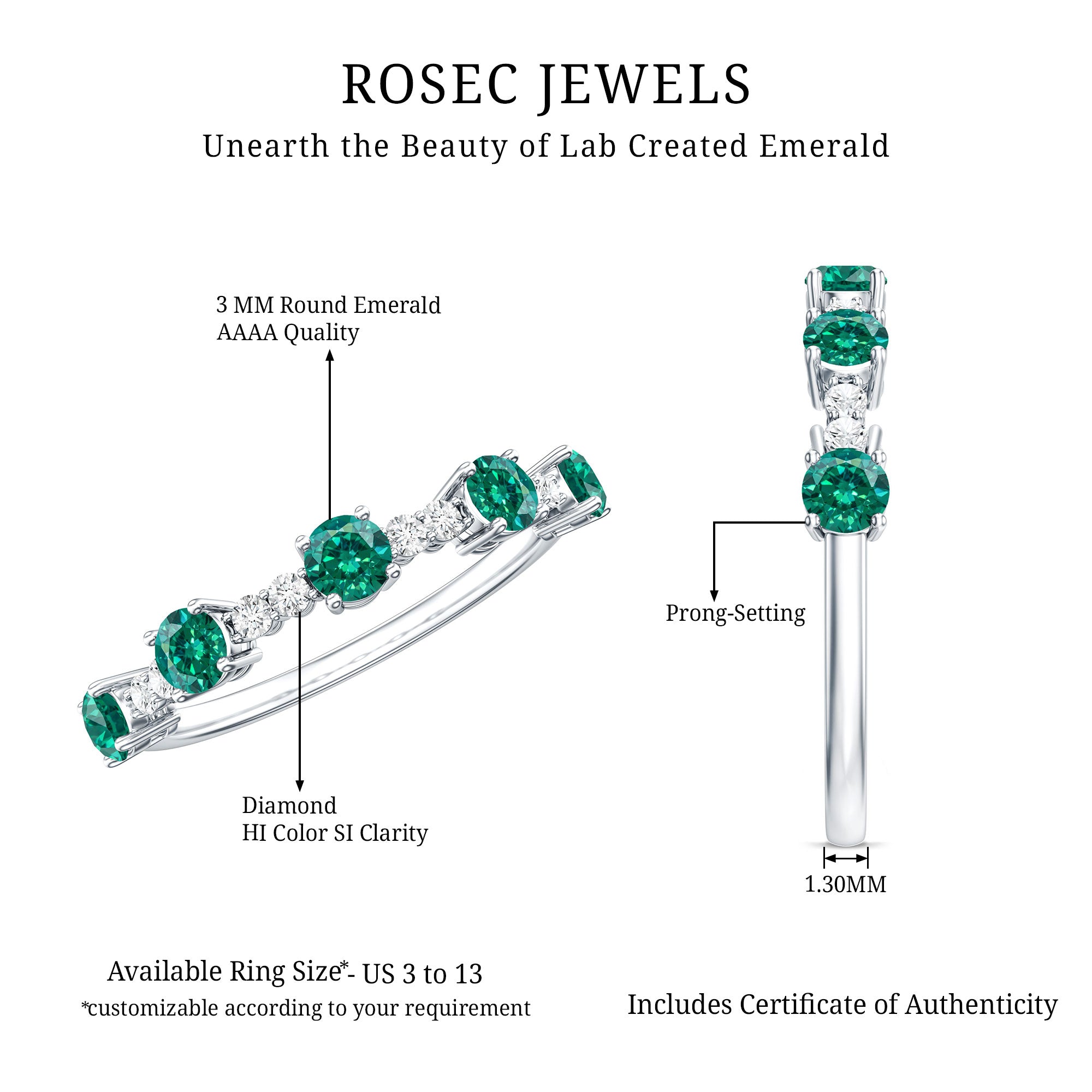 Certified Lab Grown Emerald Half Eternity Anniversary Ring with Diamond AAAA - Rosec Jewels