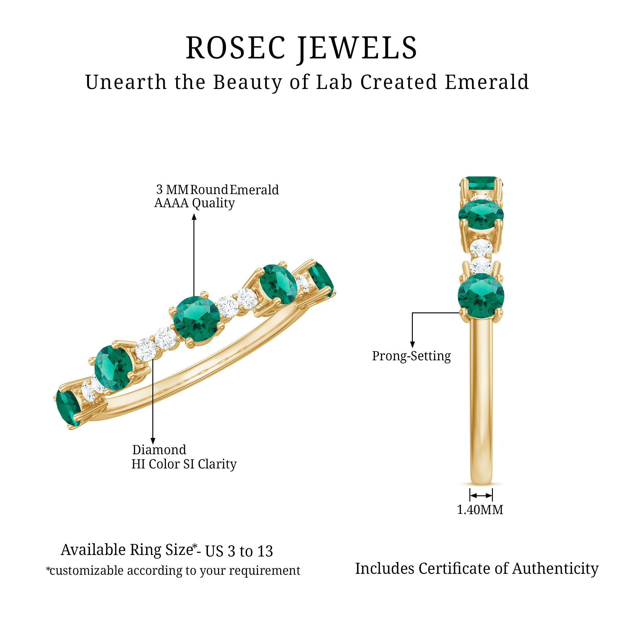 Certified Lab Grown Emerald Half Eternity Anniversary Ring with Diamond AAAA - Rosec Jewels