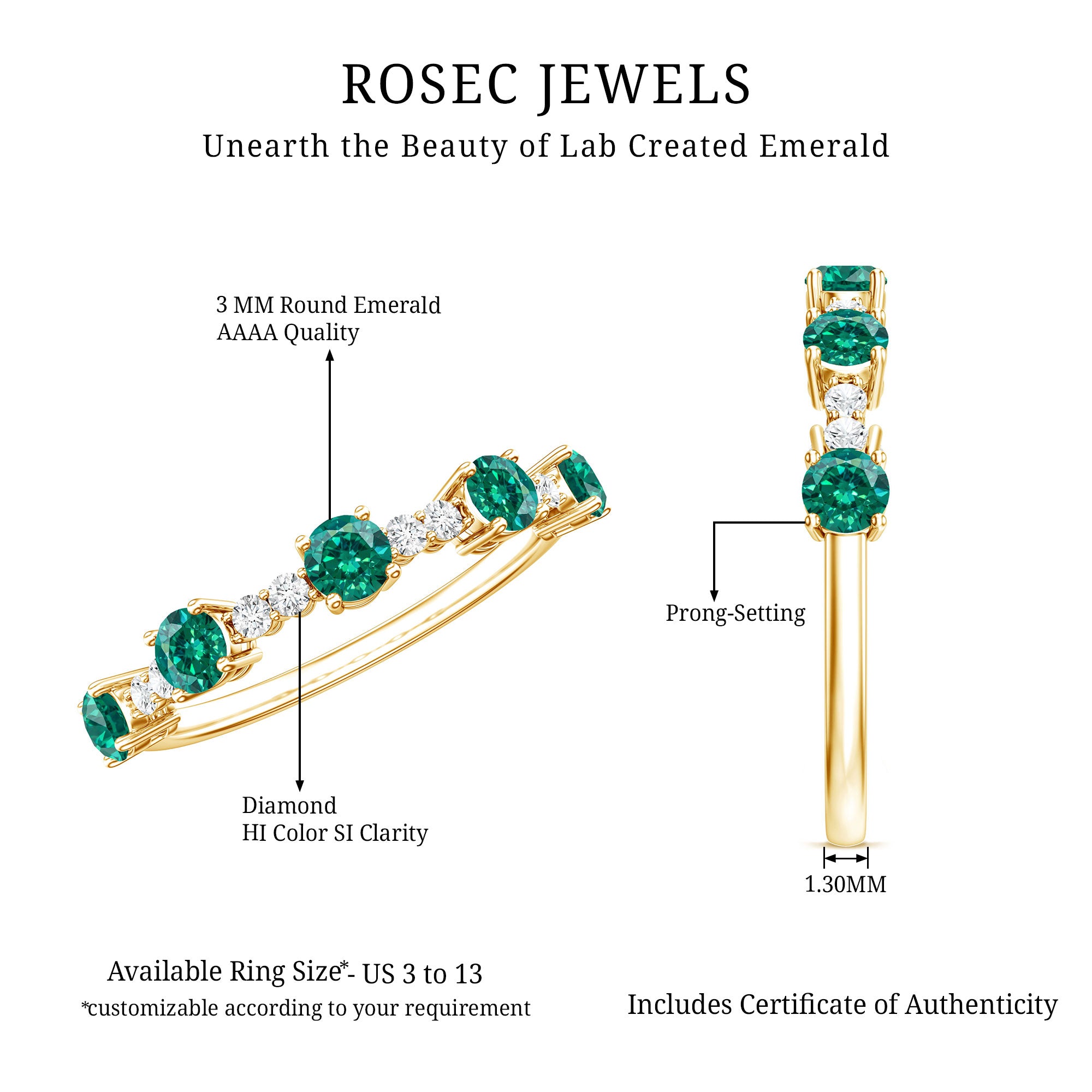 Certified Lab Grown Emerald Half Eternity Anniversary Ring with Diamond AAAA - Rosec Jewels