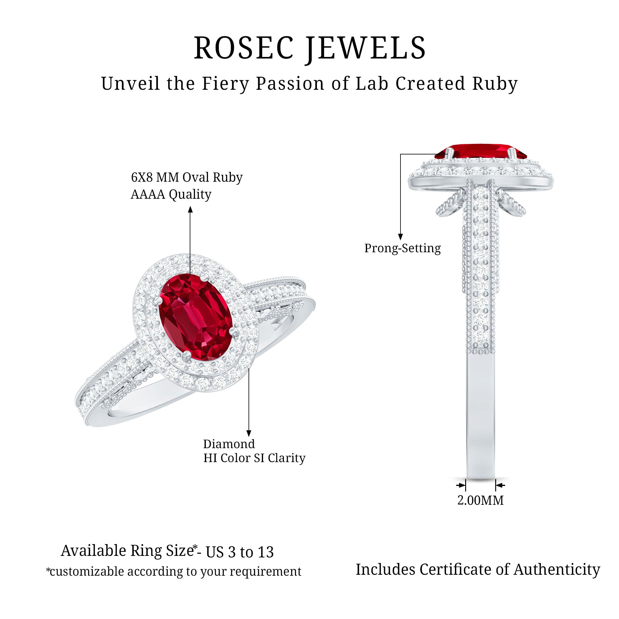 Rosec Jewels-Oval Created Ruby Double Halo Engagement Ring with Diamond
