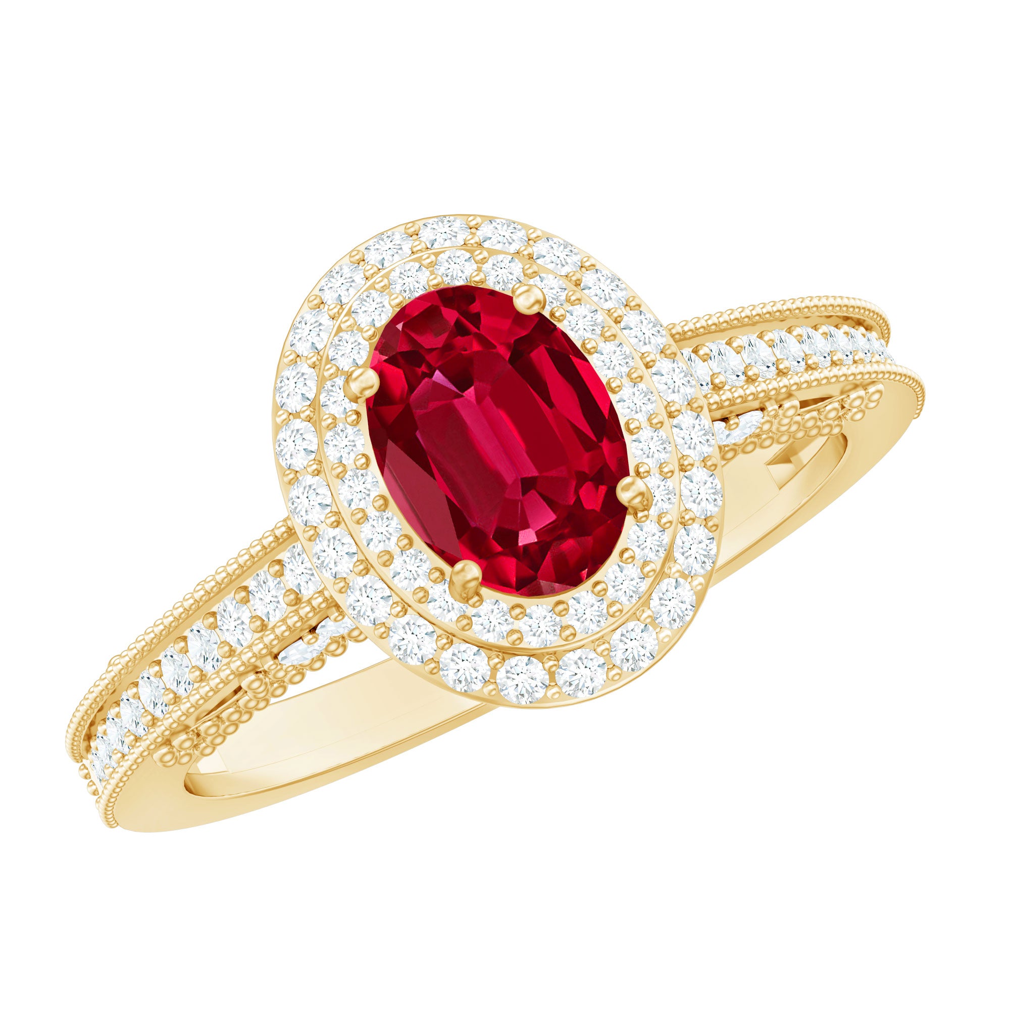 Rosec Jewels-Oval Created Ruby Double Halo Engagement Ring with Diamond