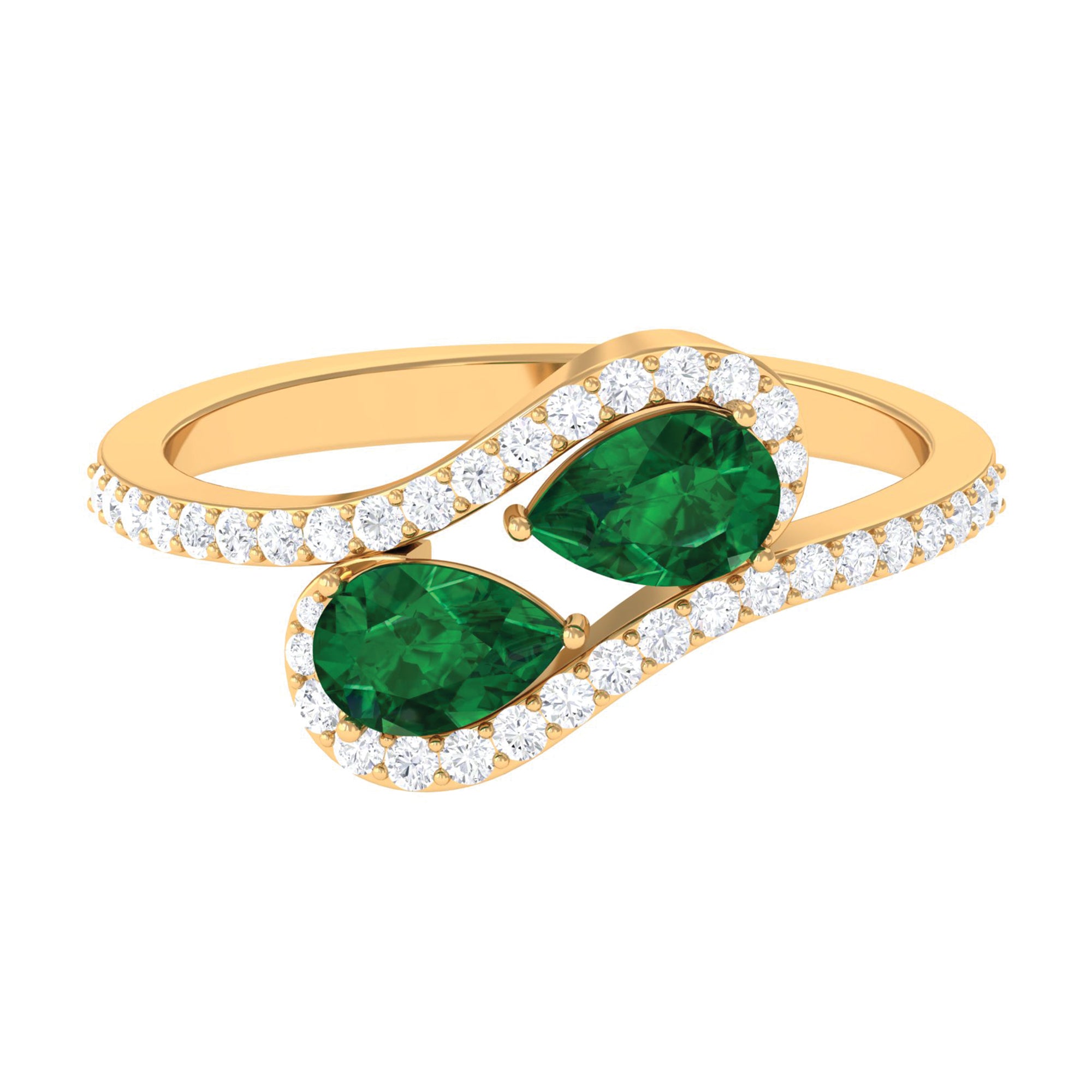 Pear Shape Created Emerald and Diamond Bypass Engagement Ring AAAA - Rosec Jewels