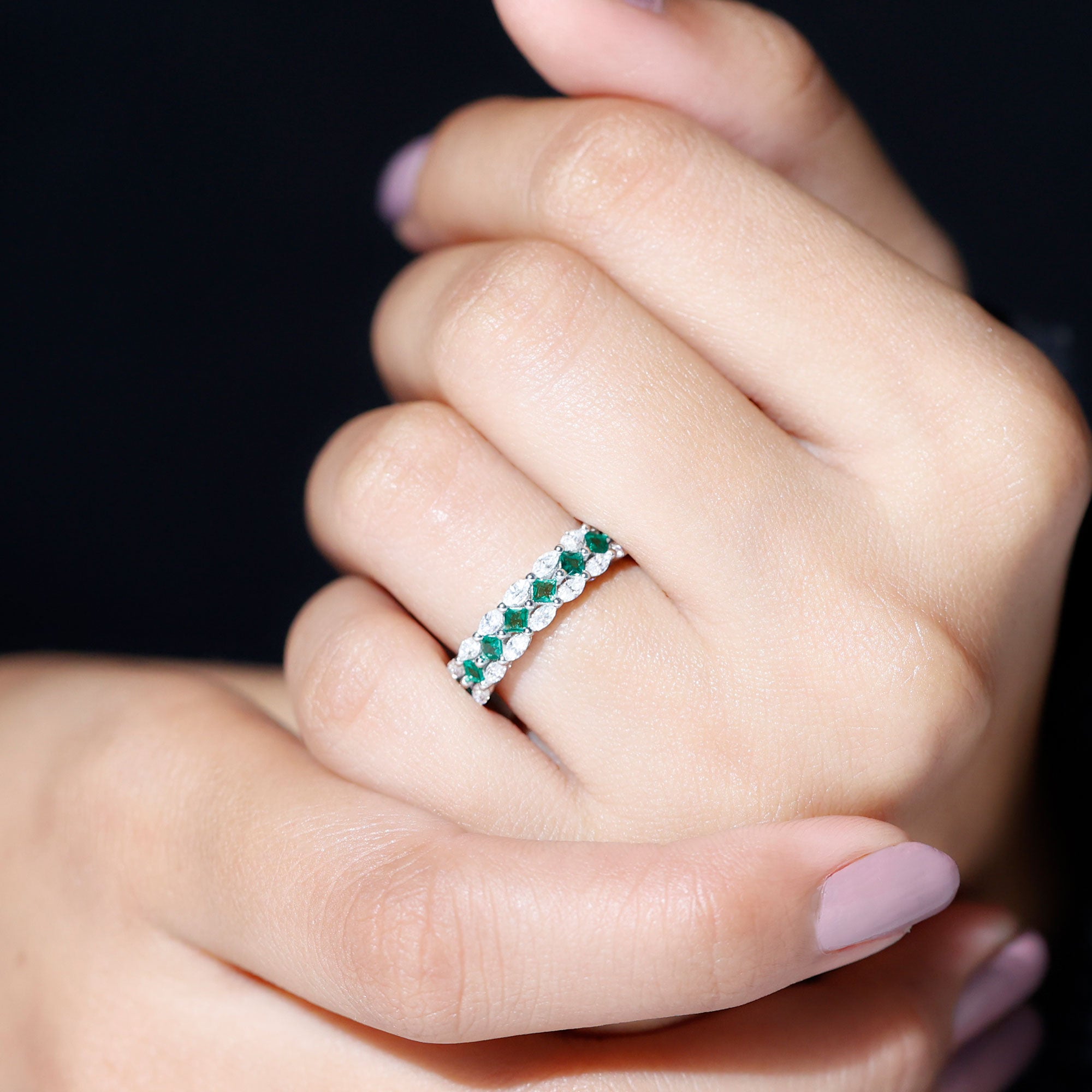 Certified Lab Grown Emerald Half Eternity Wedding Band AAAA - Rosec Jewels