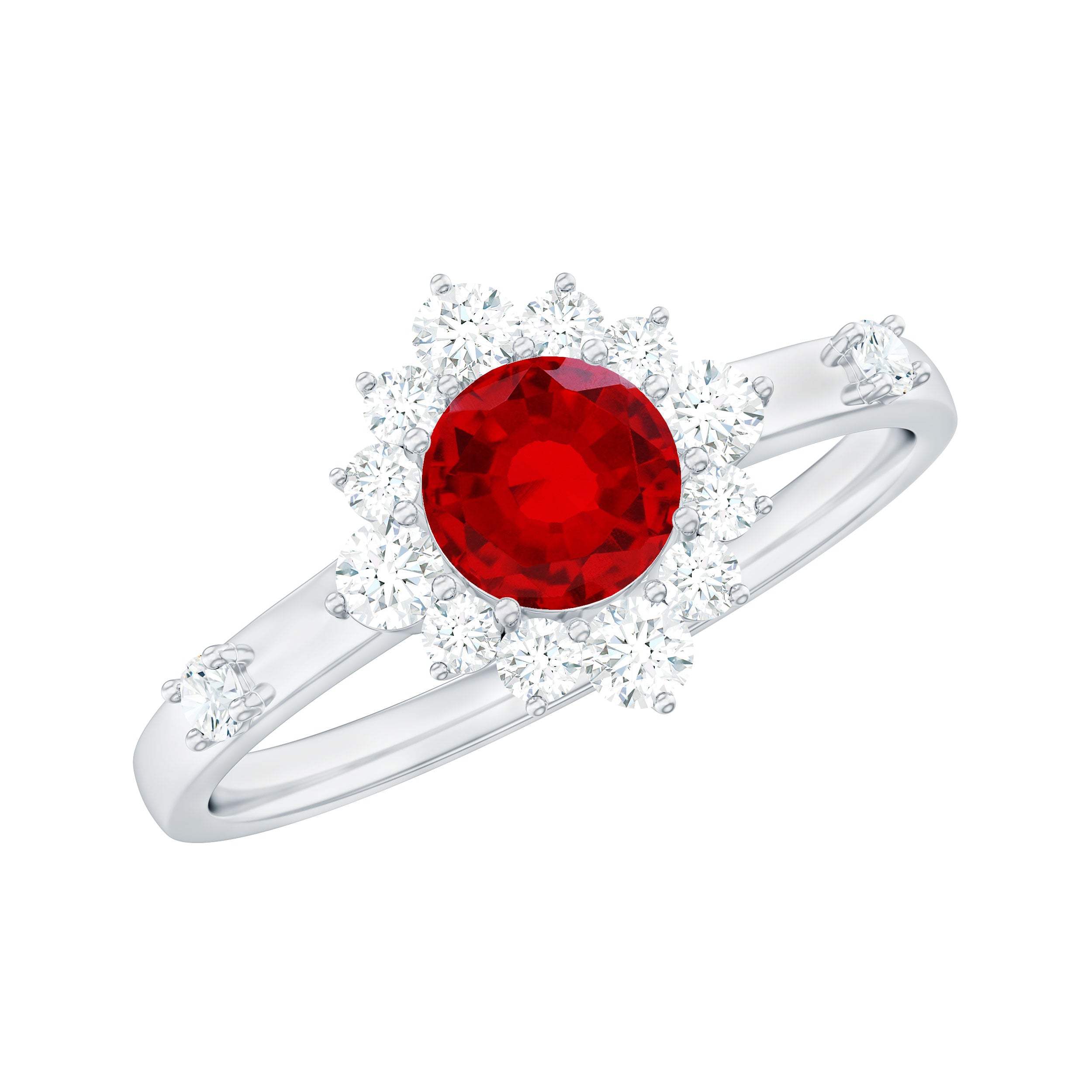 Rosec Jewels-Round Lab Created Ruby Promise Ring with Diamond Halo
